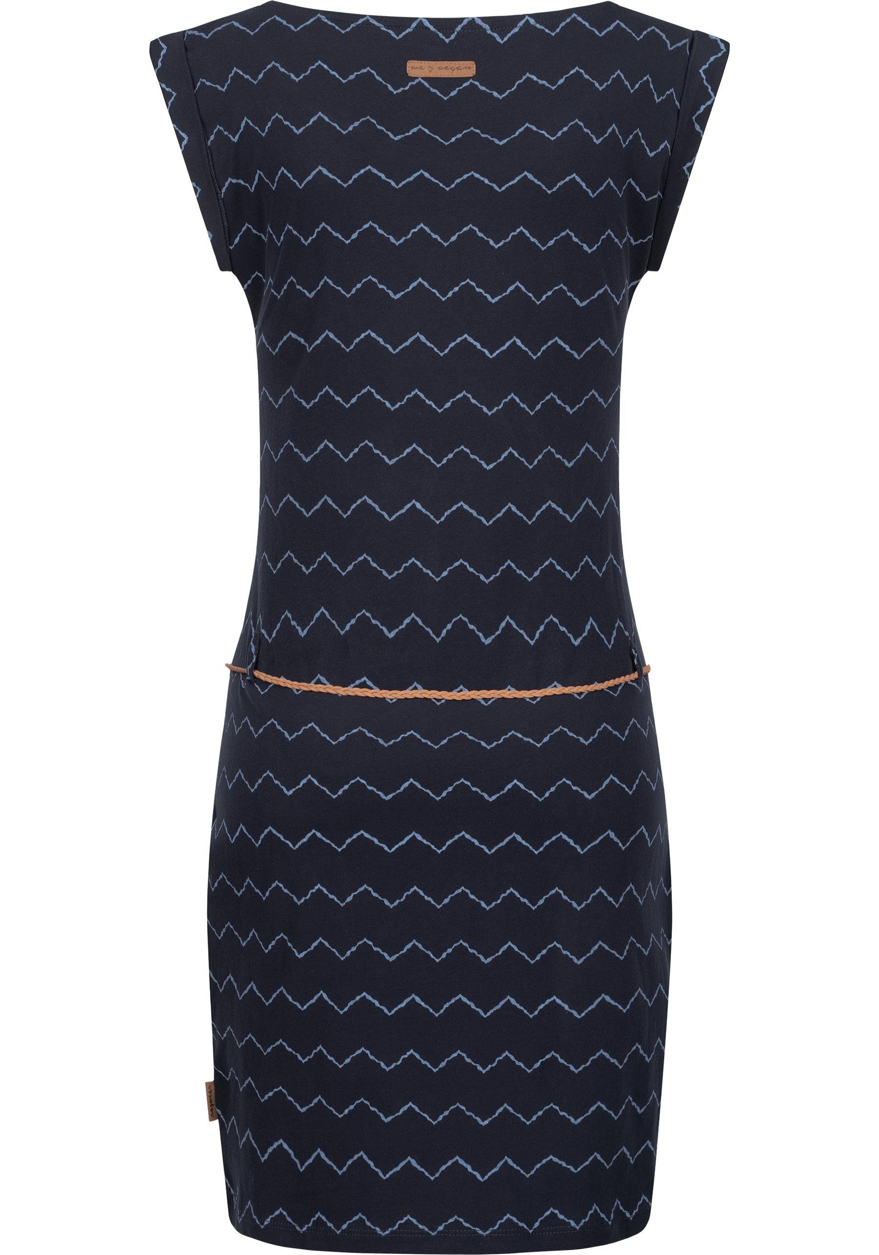 Print Tag Bindegürtel und II Jerseykleid Shirtkleid navy stylisches Zag Ragwear Zig mit coolem