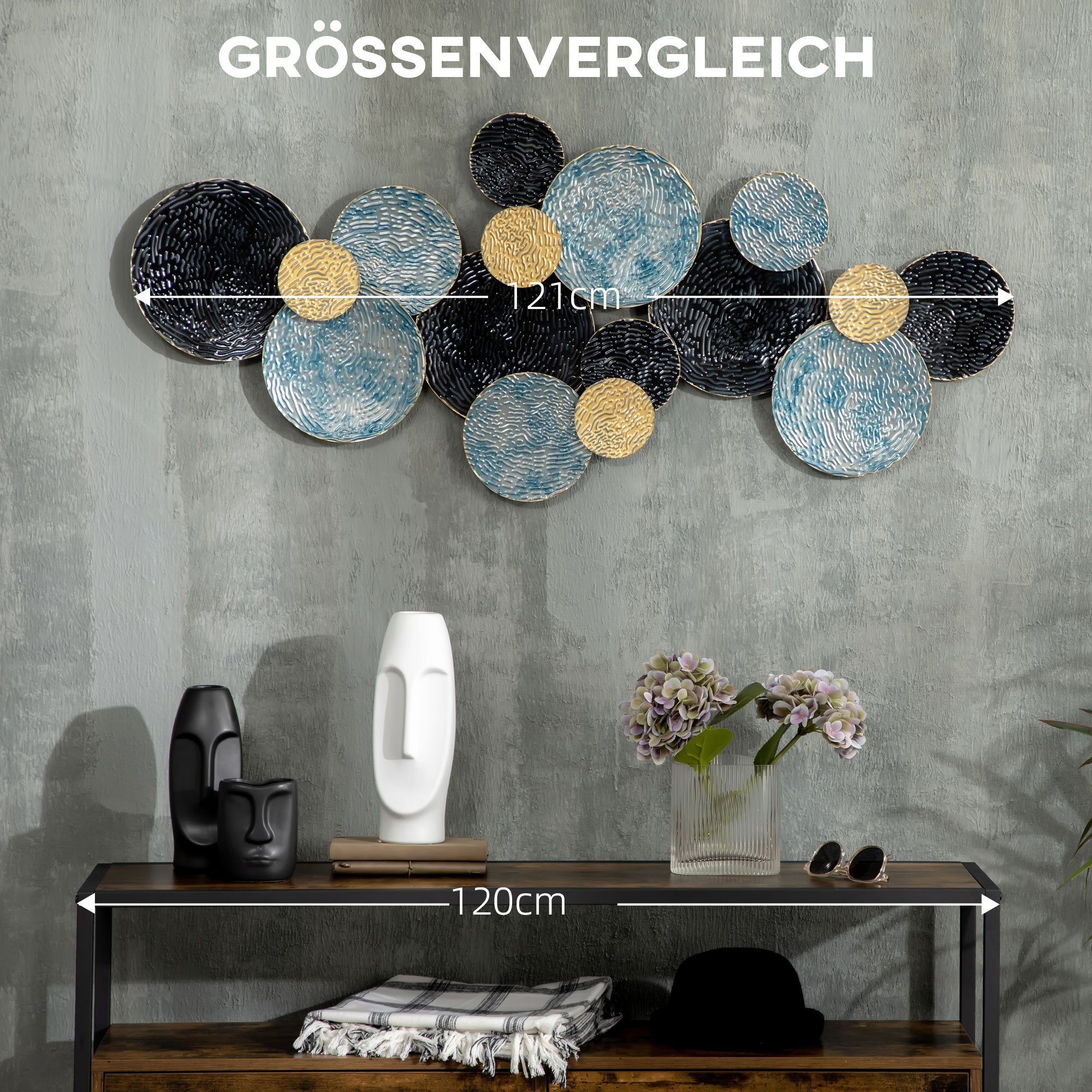 HOMCOM 3D Wandbild Wandornament Wanddekoration Metallbild Wandskulptur, Rund (Wohnzimmer-Kunst, 1 St), Modern 121 x 53 cm