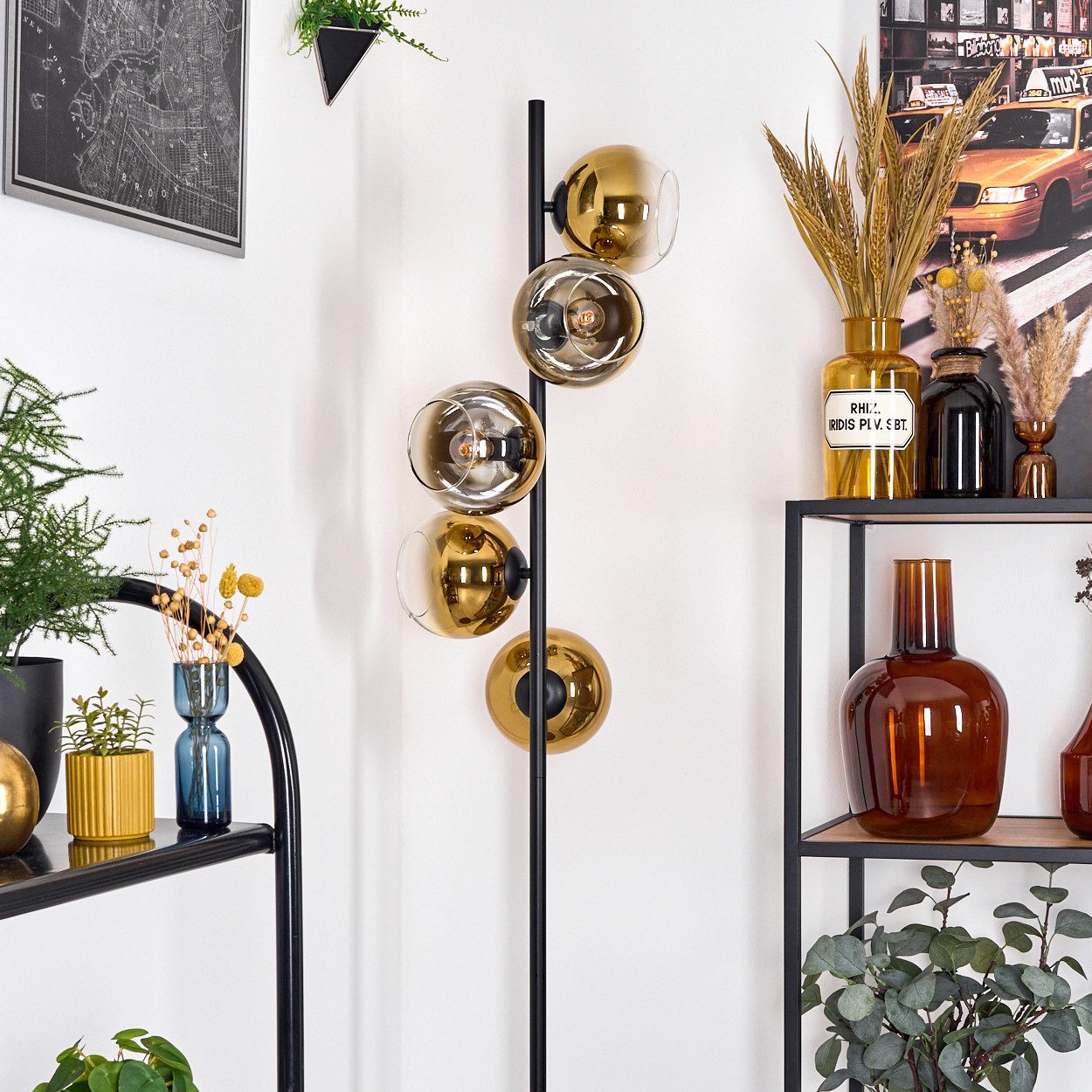 hofstein Stehlampe Stehlampe aus Metall/Glas in Schwarz/Gold/Klar, Retro/Vintage-Design, ohne Leuchtmittel, moderne Stehleuchte, Ø Schirme 15 cm, Fußschalter, 160 cm, E14