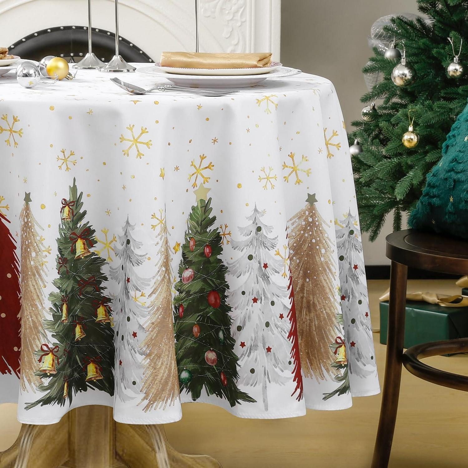 LuxusKollektion Tischdecke Runde Weihnachtstischdecke 180cm Weiß Xmasbaum (1-tlg)