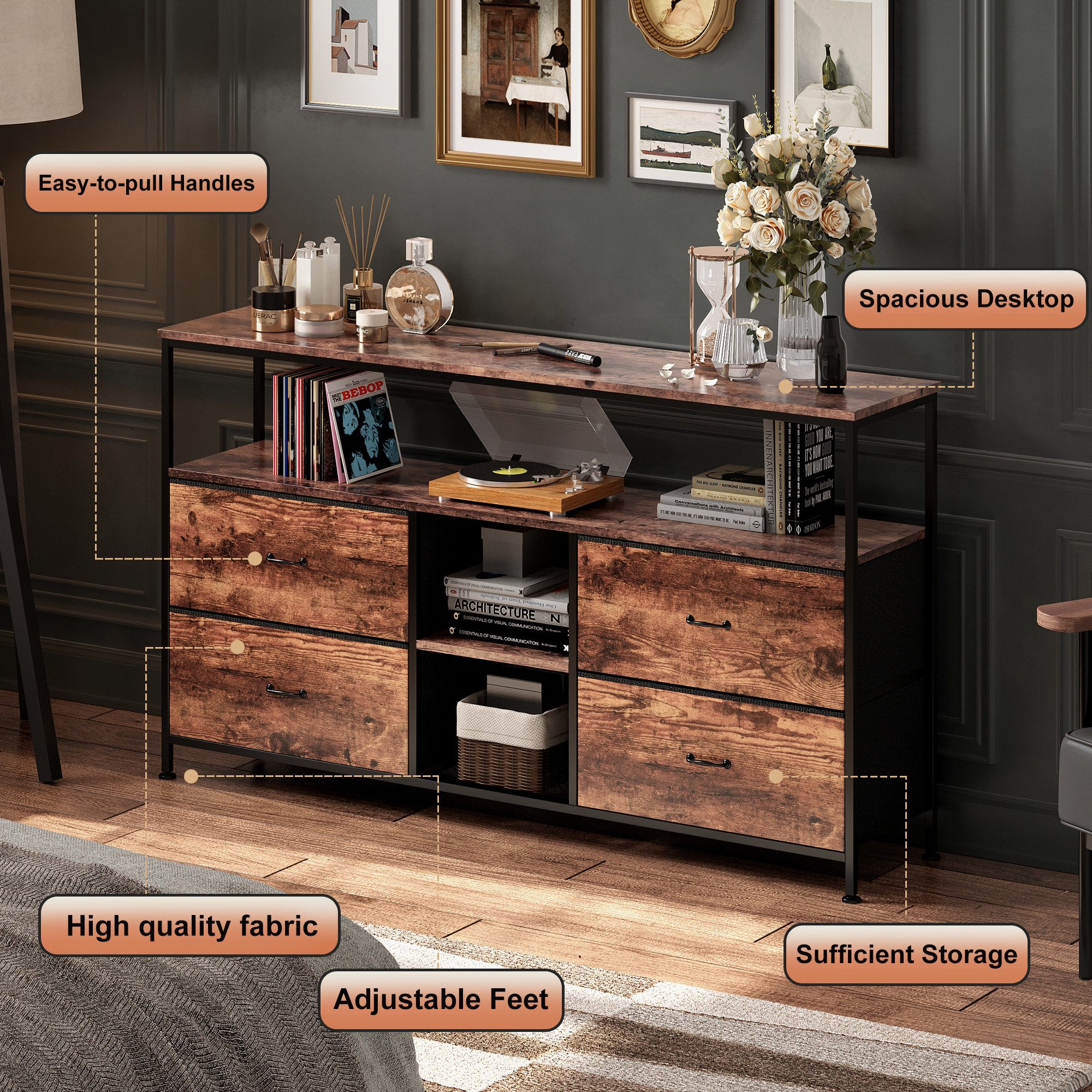 Simurq TV-Schrank Lowboard TV-Bank, mit LED und Schubladen und offenen Regalen (1er Set) mit LED und 4 Schubladen und 2 offenen Regalen, 108x29.8x76.8 – Bild 5 von 5