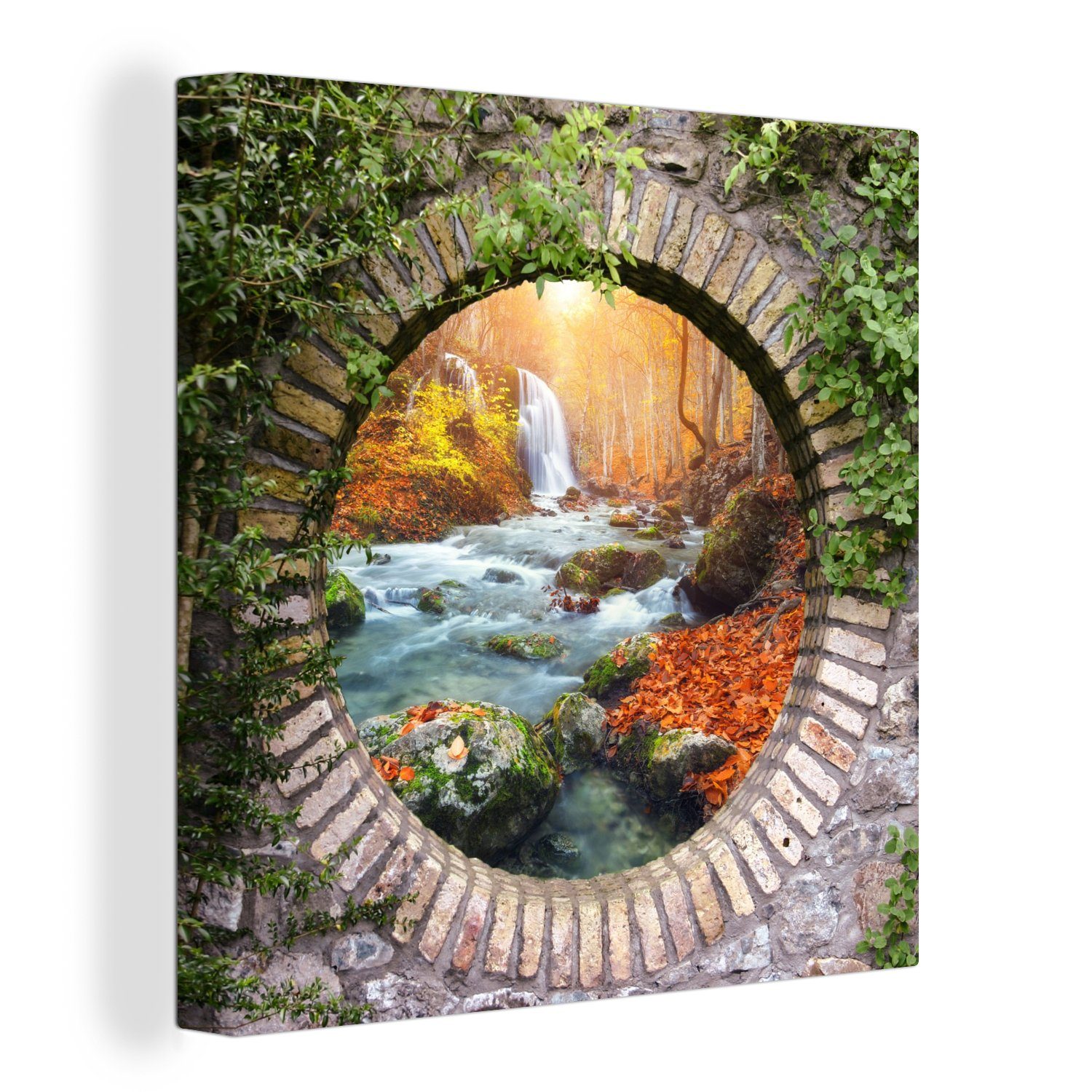 OneMillionCanvasses® Leinwandbild Herbst - Wasserfall - Natur - Aussicht, (1 St), Leinwand Bilder für Wohnzimmer Schlafzimmer