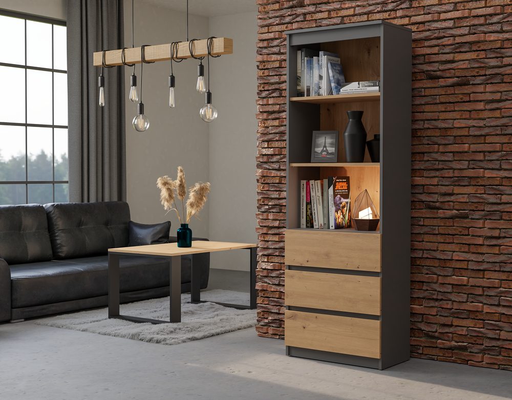 Raumhirsch Furniture Bücherregal Regal, Standregal, Bücherregal, Maße 60 x 35 x 180 cm, 3 Schubladen, 3 Fächer, Viel Stauraum, Stabile Konstruktion