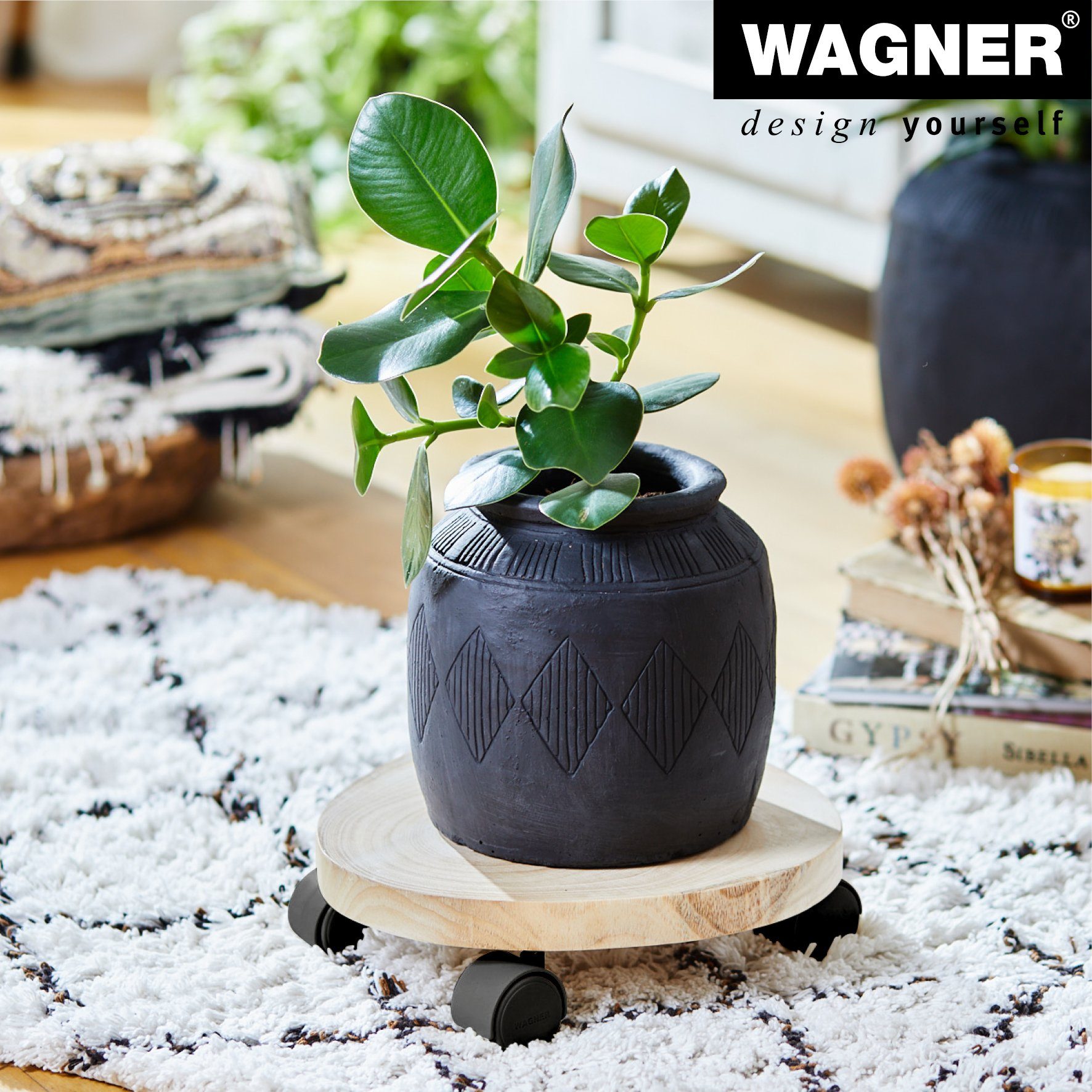WAGNER design yourself Pflanzenroller BAUMSTAMM UNIKAT Ø 25-30 x 8 cm I für Innenbereich I rund I aus FSC® zertifiziertem Erlenholz, natur, geölt I Tragkraft 100 kg - Made in EU