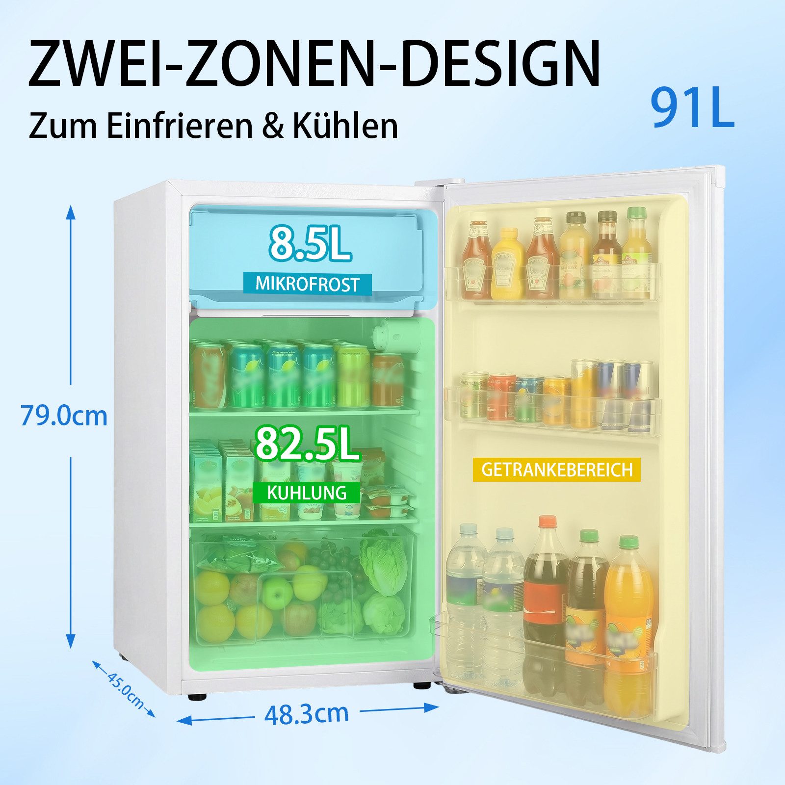 DollarDash Kühlschrank 90,8L, 7-stufig einstellbarer Thermostat,geräuscharm, energiesparend BC-90, 79.8 cm hoch, 45 cm breit, Kompakter Mini-Kühlschrank mit Gefrierfach