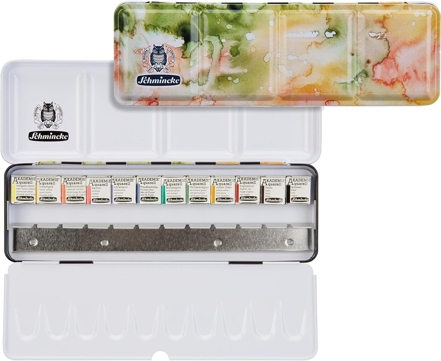 Schmincke Aquarellfarbe Akademie®, 12 x 1/2 Näpchen im bedrucktem Metallkasten Sonderedition