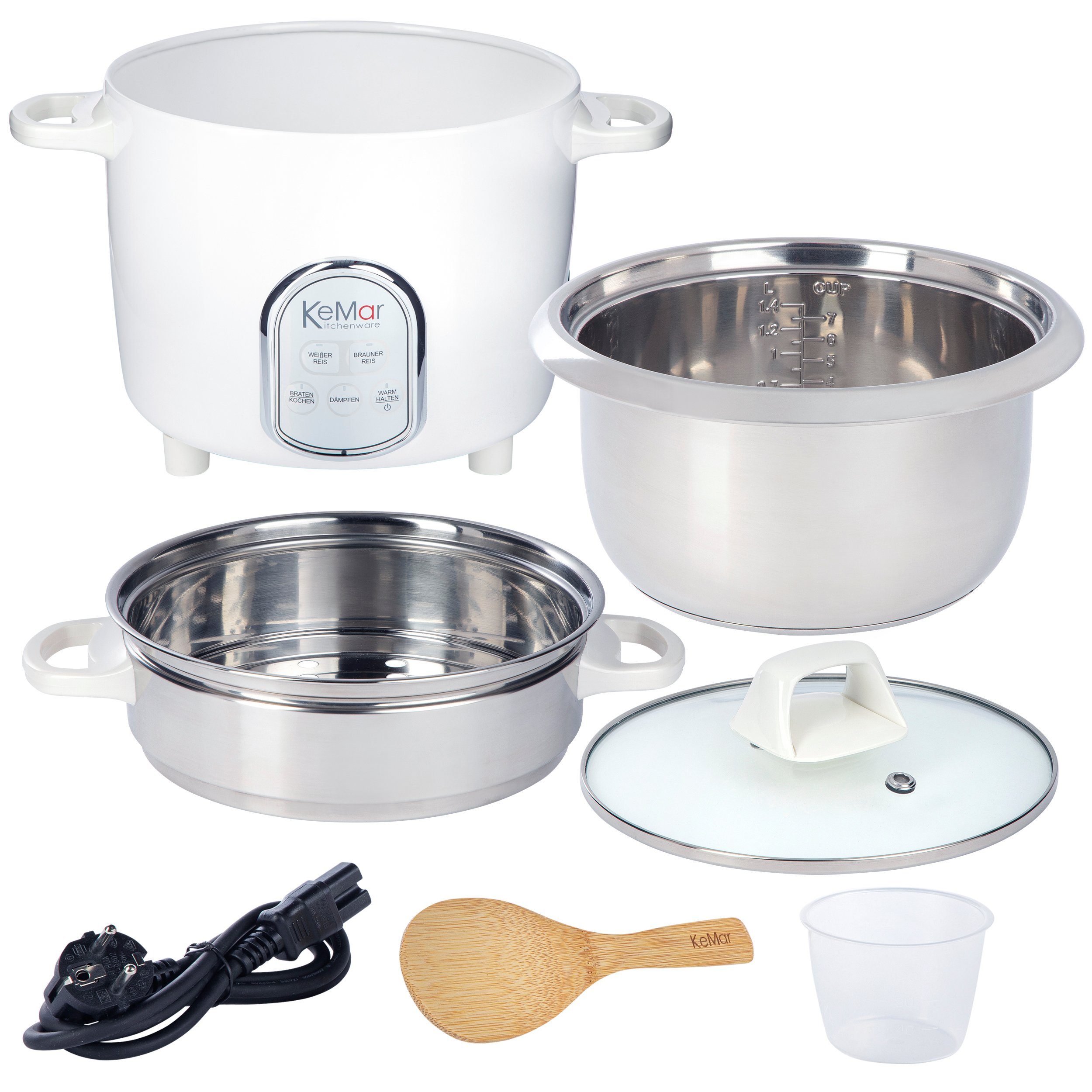 KeMar Kitchenware Reiskocher KRC-175, 500 W, Edelstahltopf, Glasdeckel, inkl. Edelstahl Dämpfeinsatz, 5 Programme