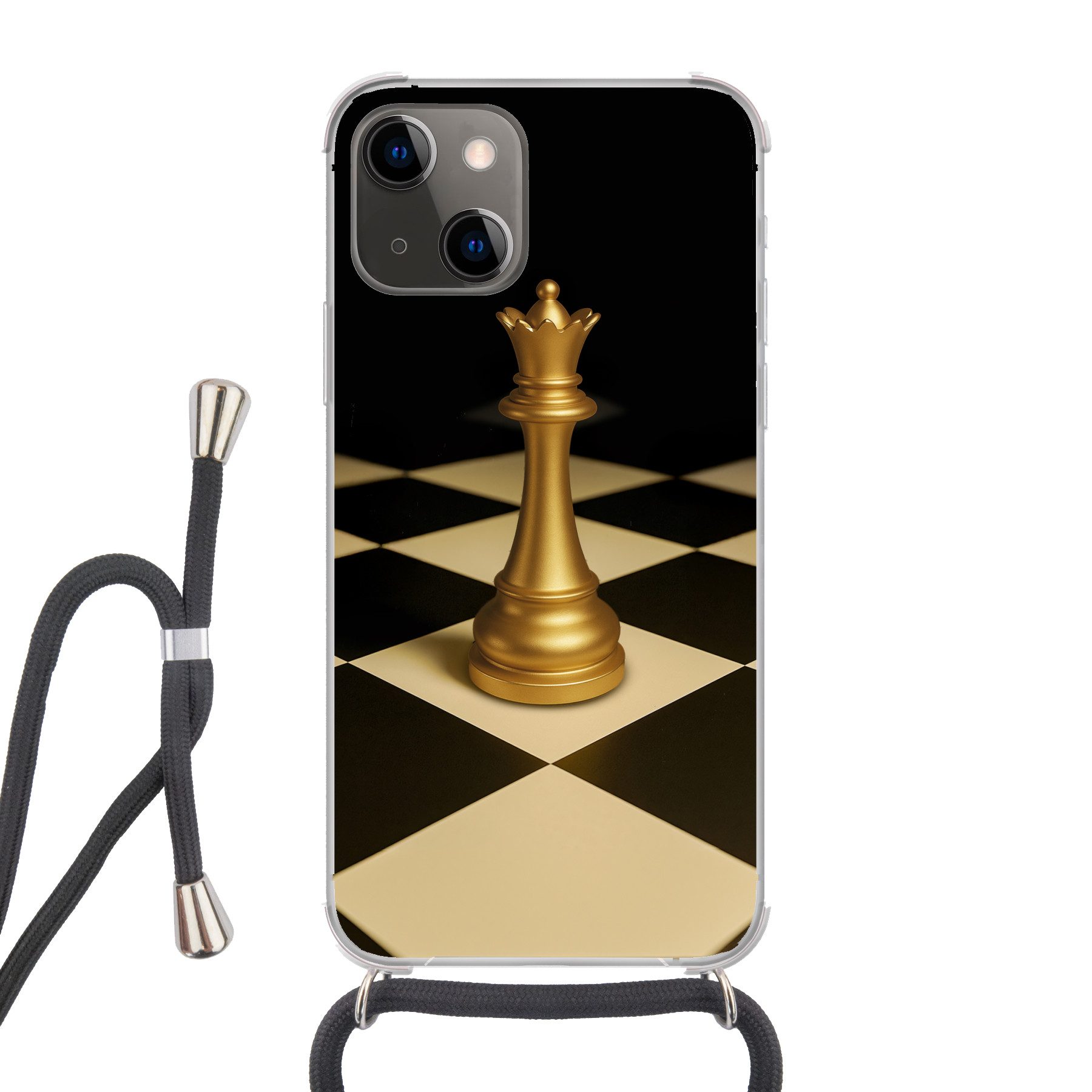 MuchoWow Handyhülle für Apple iPhone 13 Mini Dame - Schachfigur - Blockiert - Gold, Tragbare Handyhüllen mit Kette zum umhängen, Handykette Handyband