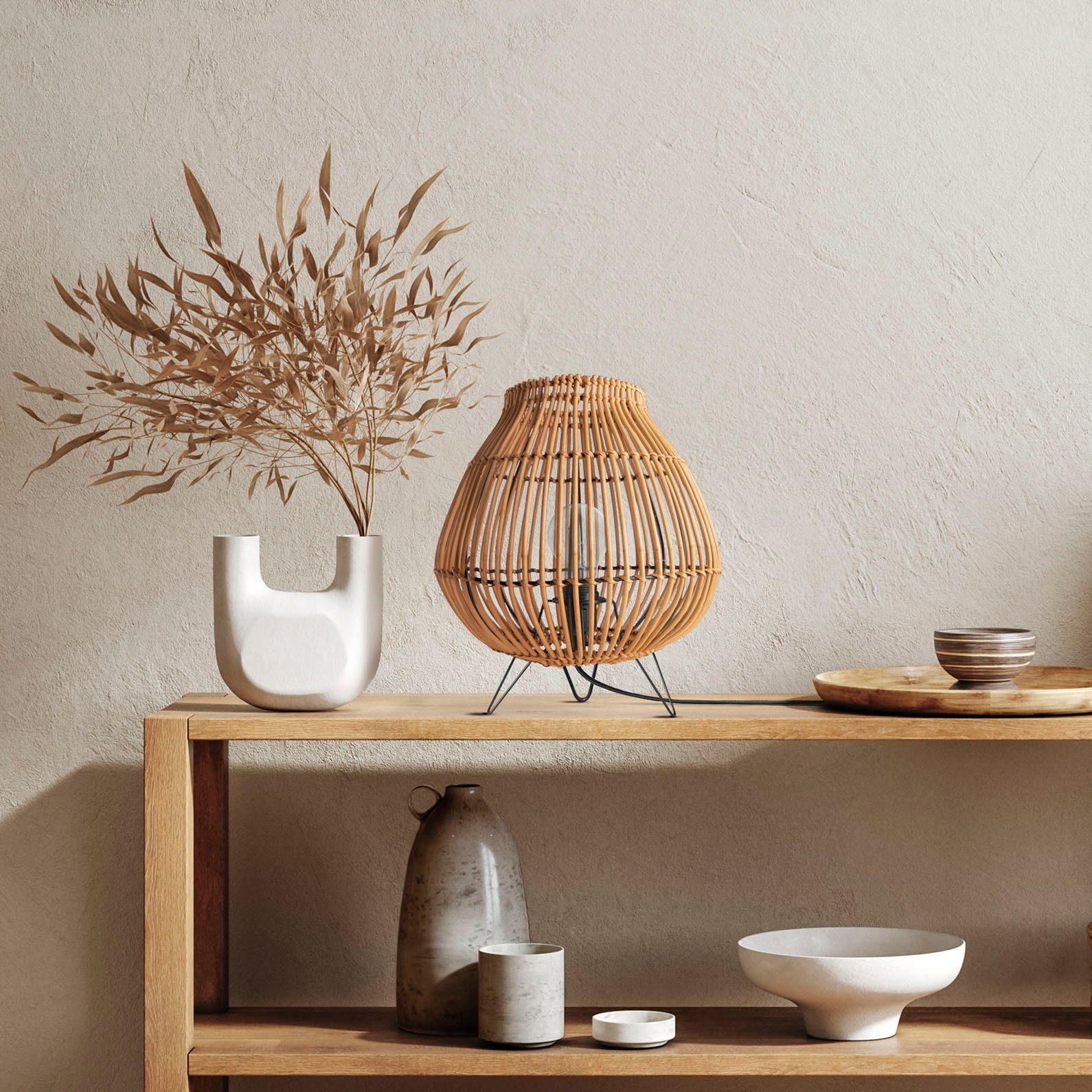 PURI, LED ohne Boho E27 Dreibein Leuchtmittel, Korblampe Nacht Tischleuchte Paco Home Rattan