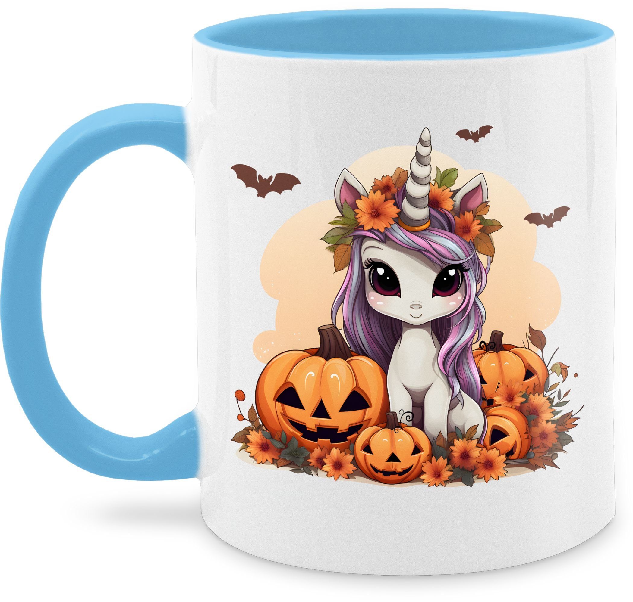 Shirtracer Tasse Süßes Einhorn Halloween Unicorn Kürbis, Keramik, Halloween Tassen 1 Hellblau