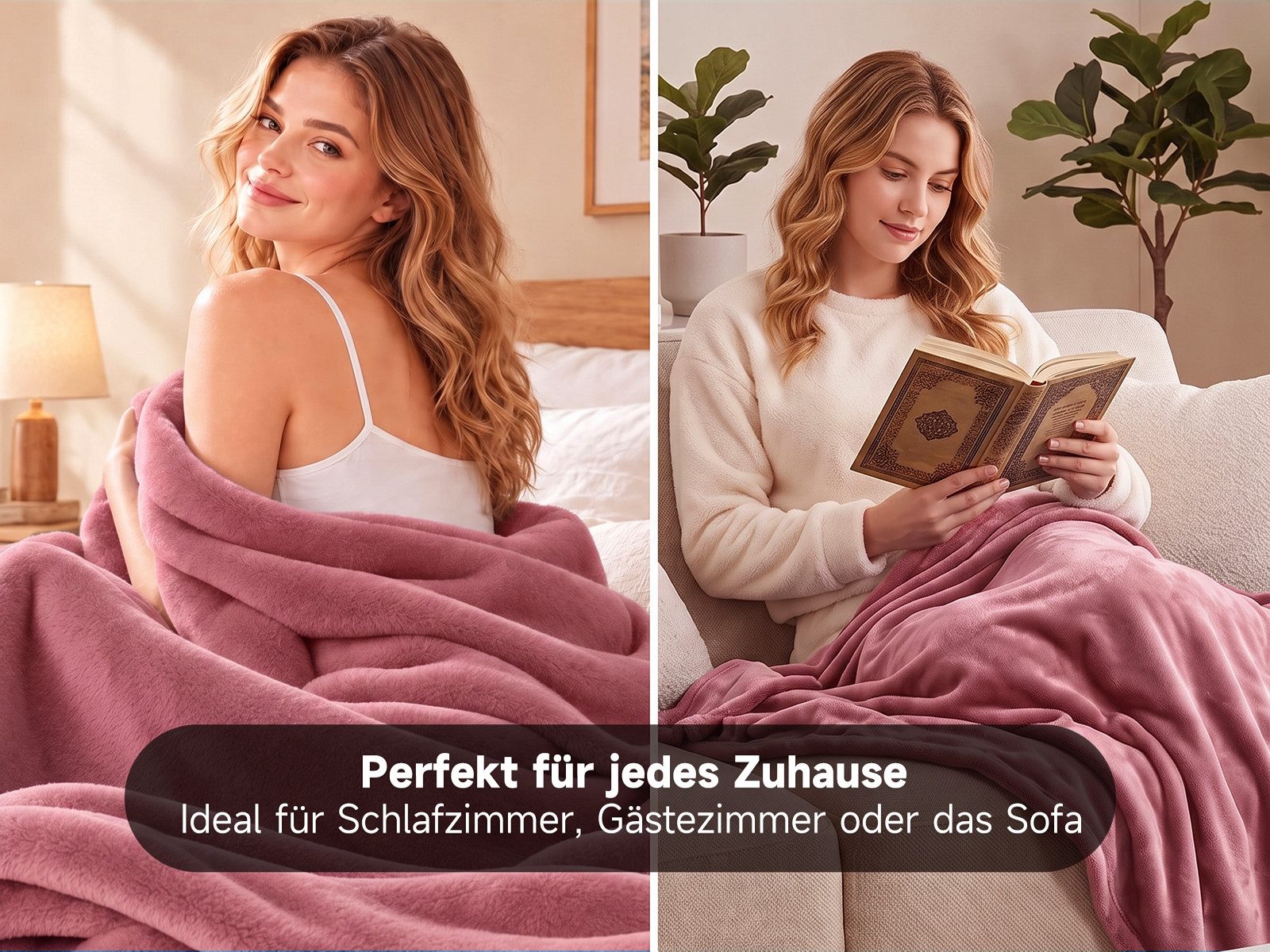 Suanp Kunstfaserbettdecke Flanell 150x200 cm - Weiche Wohndecke, Leicht & Warm, Rosa – Bild 4 von 5