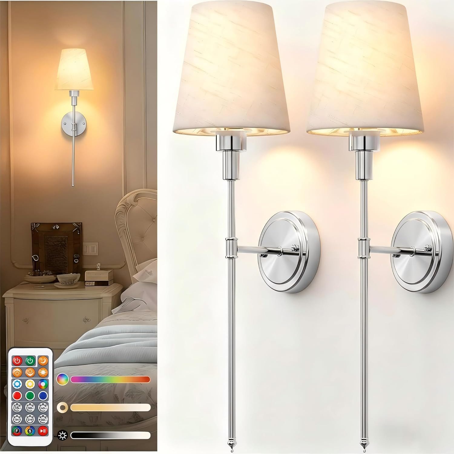 LOHAS-LED Wandleuchte 2er-Set kabellose Leinen-Wandlampen mit matt vernickeltem Metallrahmen, LED wechselbar, RGBCW, RGBCW dimmbar mit IR-Fernbedienung, aufladbare E26-Akkuleuchtmittel