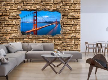 wandmotiv24 Fototapete 3D Golden Gate Brigde in San Francisco - Steinmauer, glatt, Wandtapete, Motivtapete, matt, Vliestapete