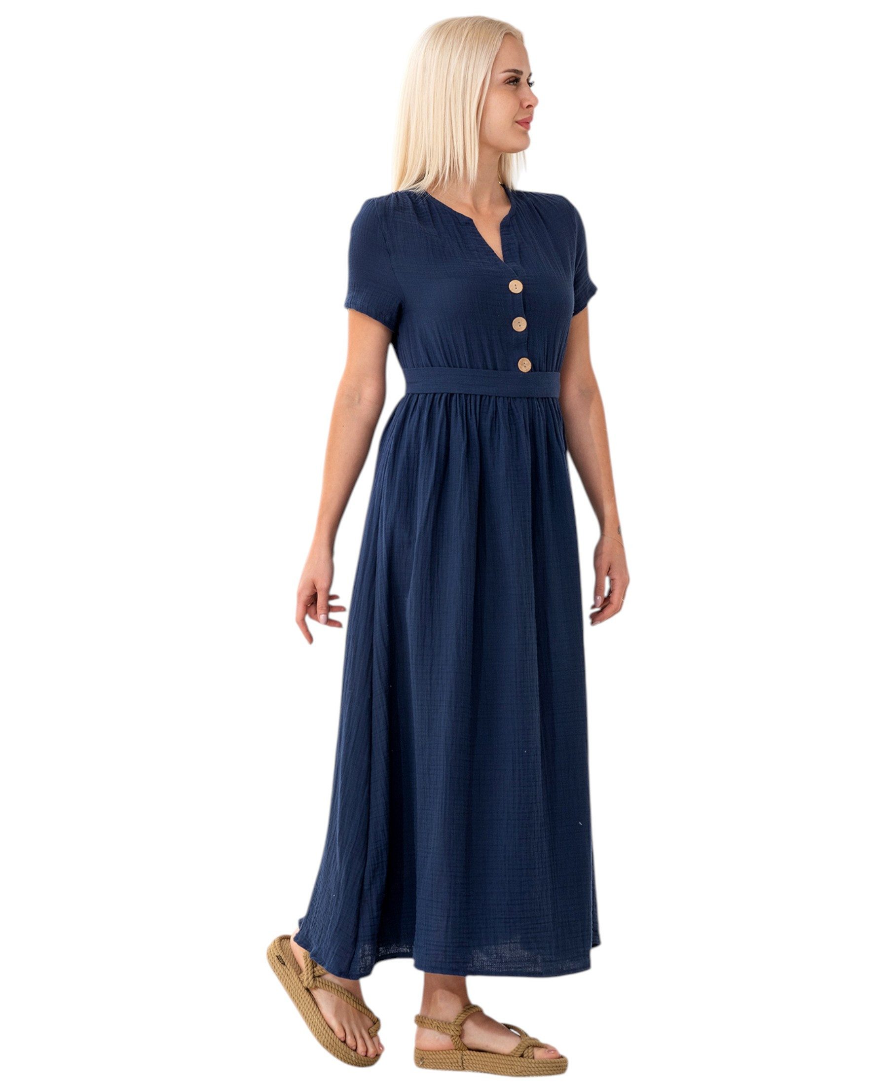 WENOR Sommerkleid Musselin Boho Kleid mit Knopfleiste & Taillenband, Freizeitkleid (1-tlg) Vorn mit Holzknöpfen, Bindegürtel an der Taille – Bild 5 von 5