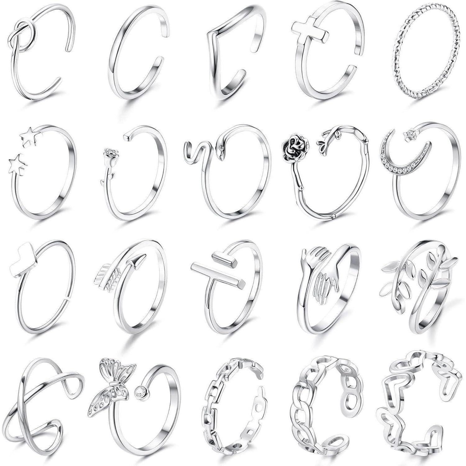 LuxusKollektion Ring-Set 20er Set Silber Ringe Verstellbar Offen Knoten Schmetterlings Herz für