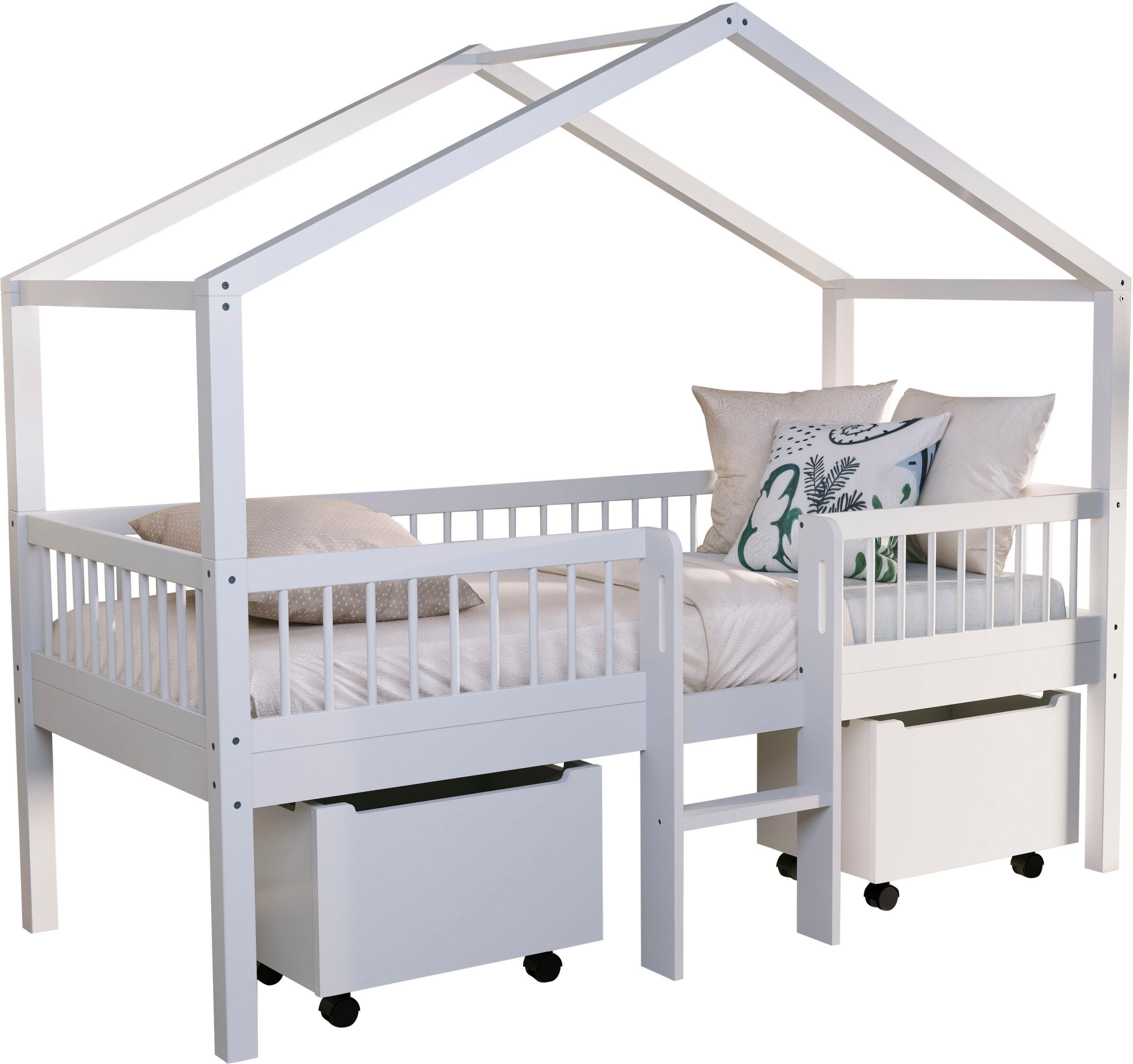 Vipack Hausbett Inkl. Dachaufbau, Leiter und Rolllattenrost, Made in Europe (wahlweise mit und ohne dekorativem Textilhimmel erhältlich), hochwertig und stabil bebaut, Buche massiv weiß lackiert