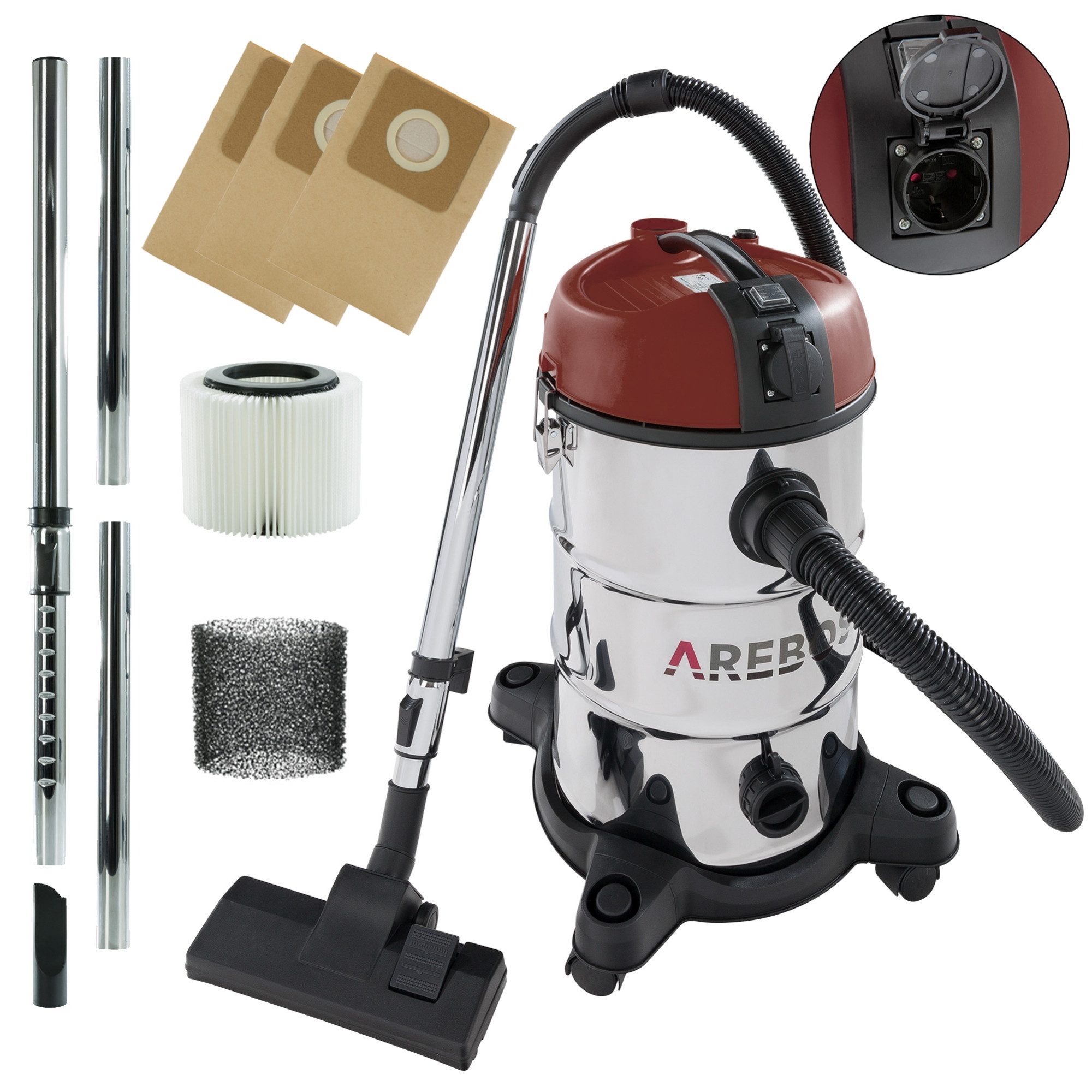Arebos Industriesauger 5in1, Nass-& Trockensauger, 1300W, 30 L, 1300 W, 360° Rollen für optimale Rangierbarkeit