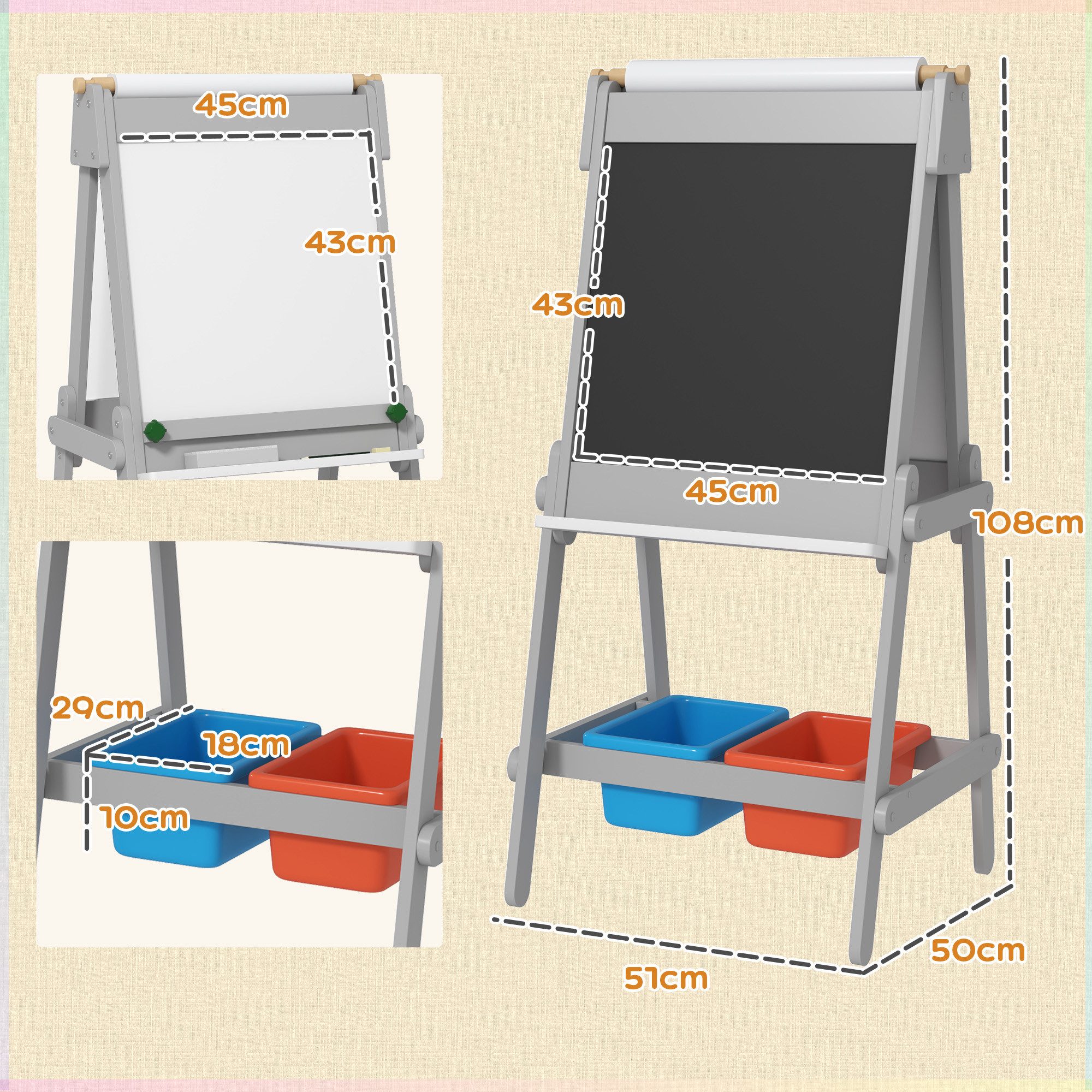 AIYAPLAY Tafel Kreidetafel Radiergummi Zeichenpapier Standtafel, (Kinder Staffelei, 1-tlg., Kindertafel), für Kinder 3-8 Jahre, Grau