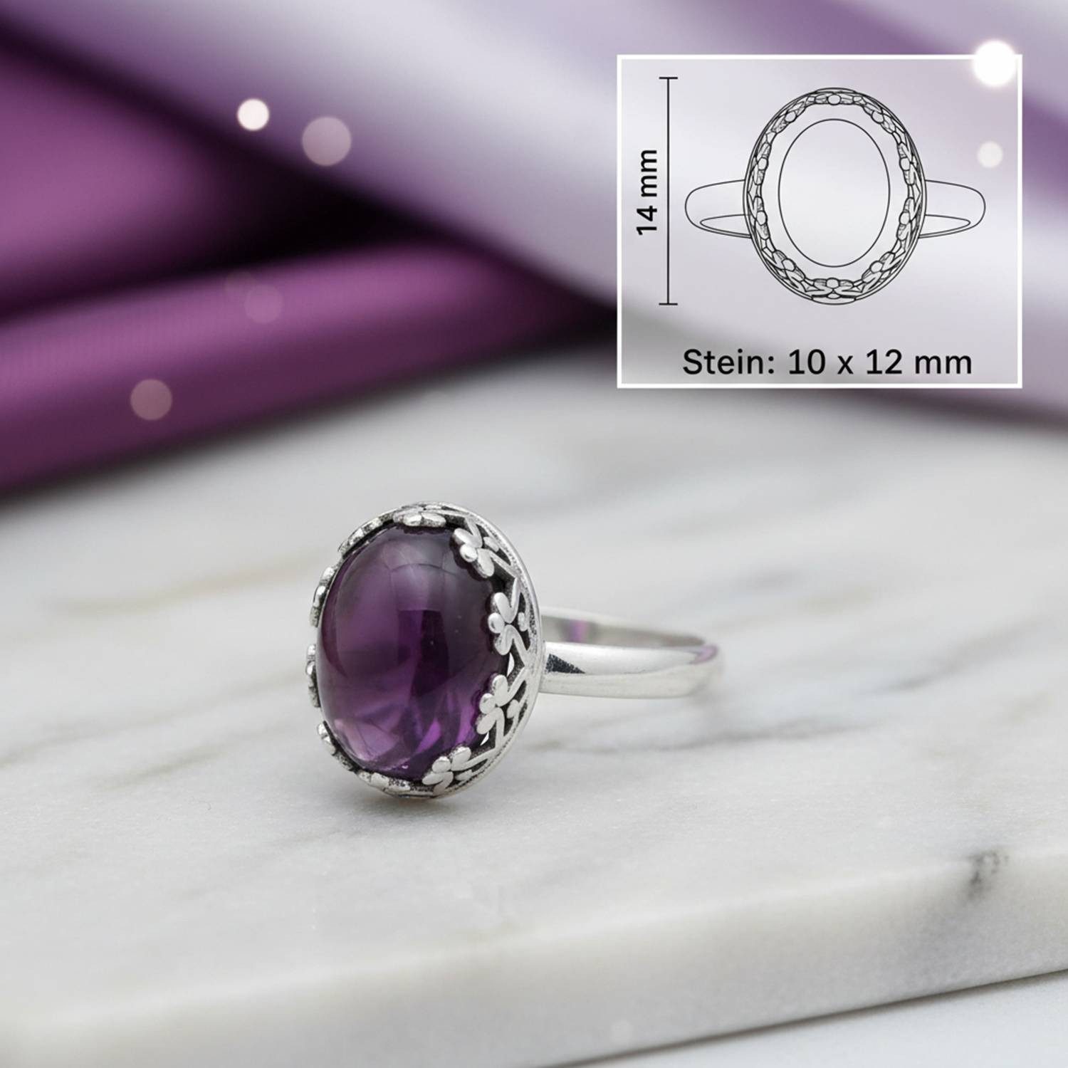 mantraroma Silberring NAPULO aus 925 Silber mit Amethyst (Ring mit Schmuckbeutel), Damenring aus 925er Silber
