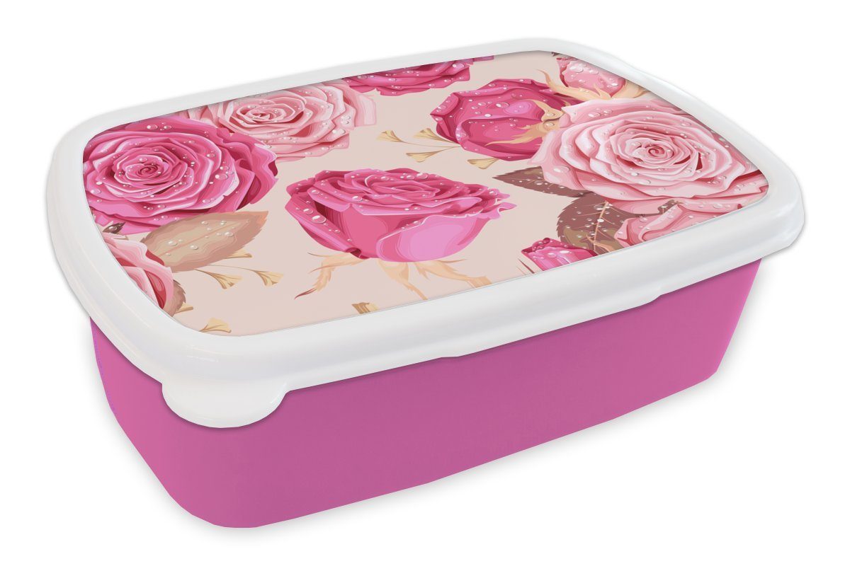 MuchoWow Lunchbox Rosen - Blumen - Drops, Kunststoff, (2-tlg), Brotbox für Erwachsene, Brotdose Kinder, Snackbox, Mädchen, Kunststoff rosa