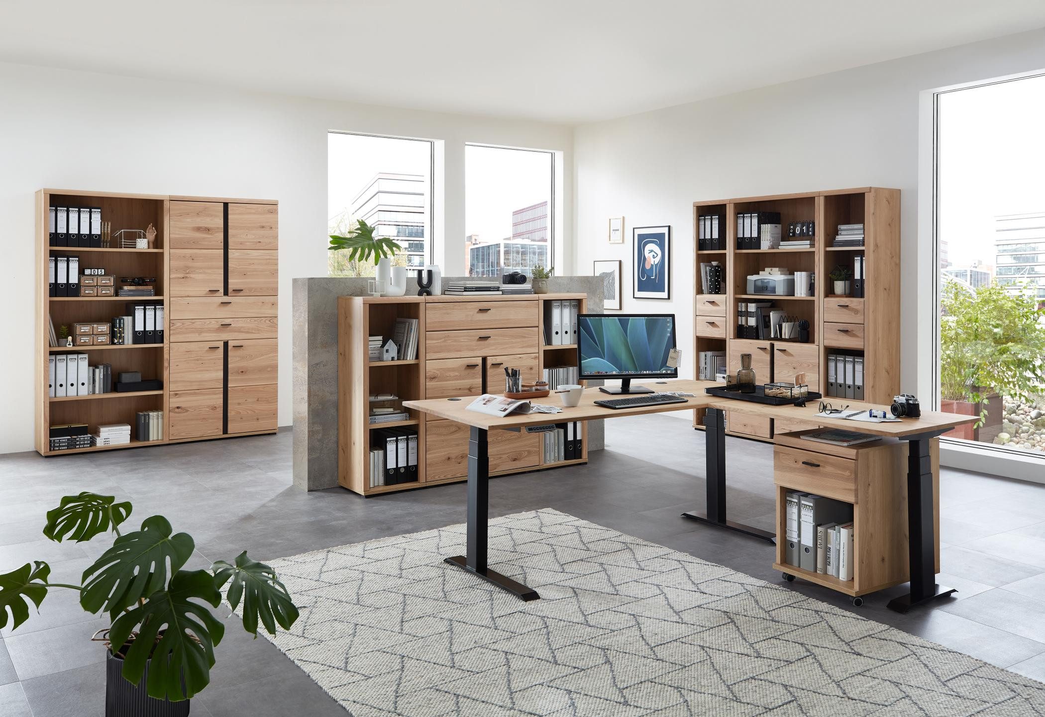 Innostyle Büromöbel-Set Komplettbüro SONOS IV 10-teilig Front Altesche Massivholz gebürstet, (Komplett-Set, 10-tlg., 3x Schrank, 5x Regal, 1x Schreibtisch, 1x Rollcontainer)