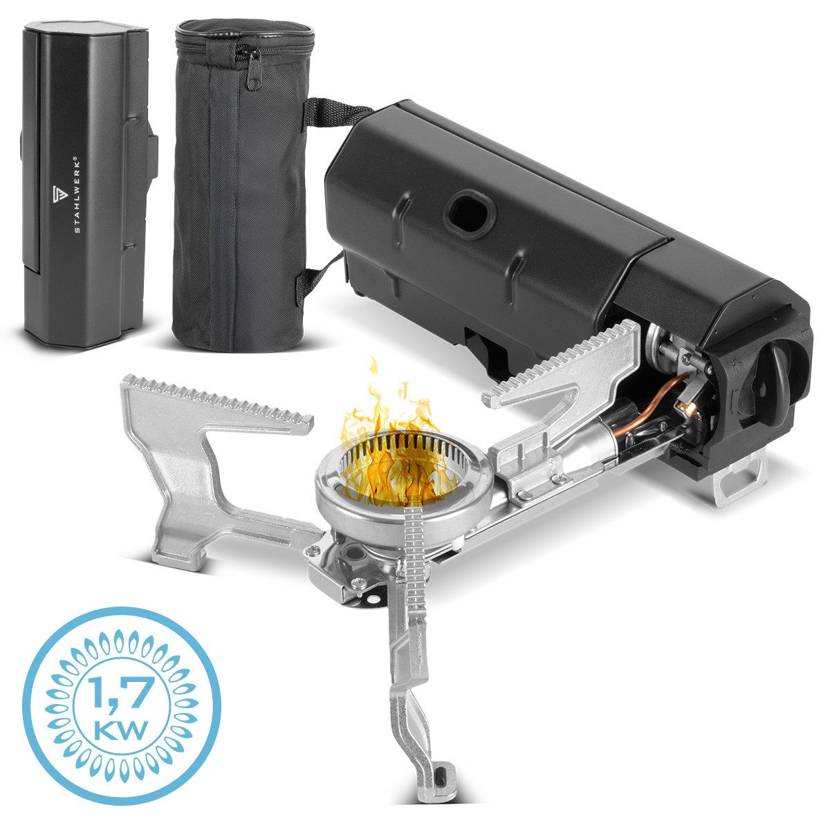 STAHLWERK Gaskocher Faltbarer Campingkocher klappbarer Gaskocher Outdoor Butangas Kocher, (Packung, 1-St., Einzelartikel), Schweißer-Gripzangen inklusive Transportkoffer
