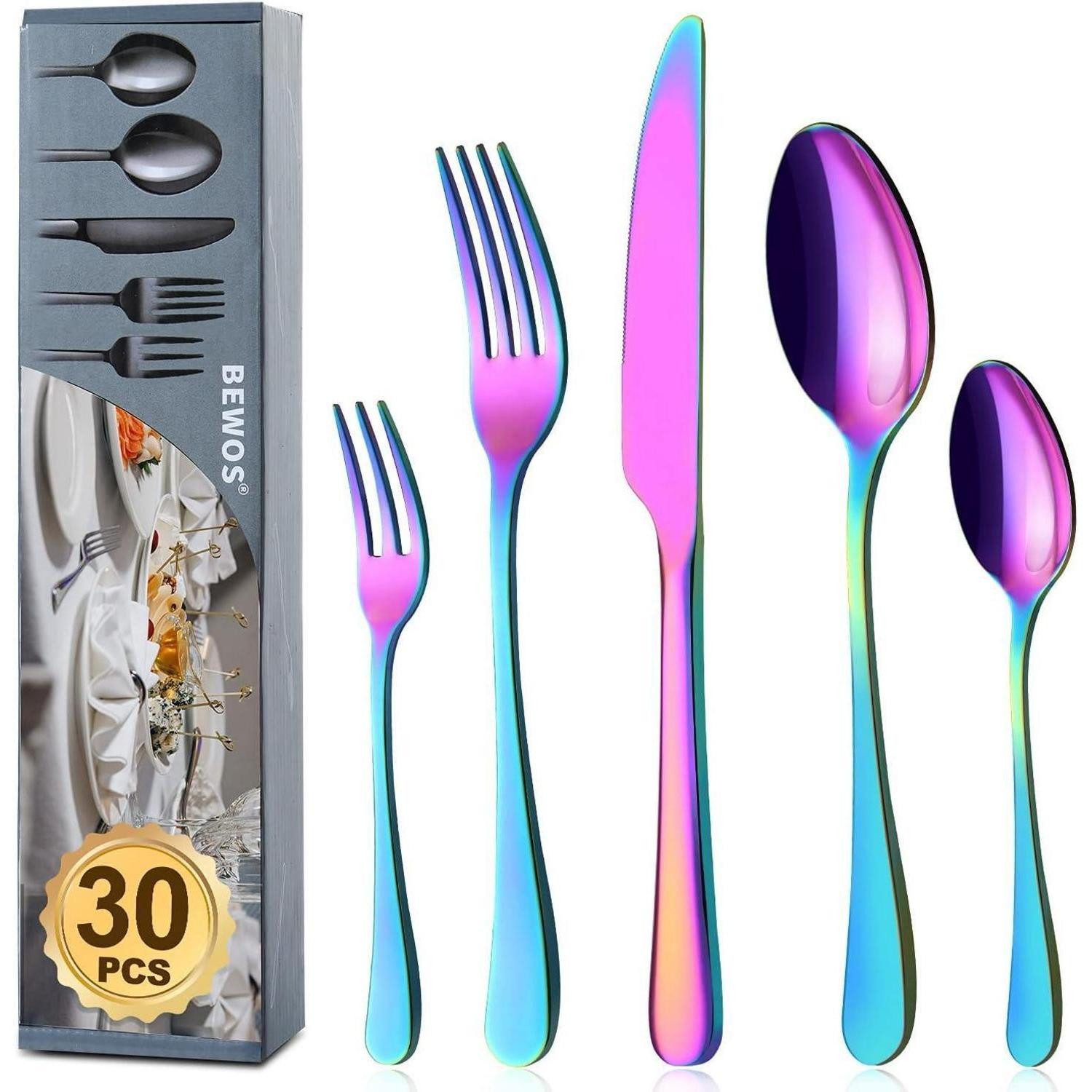 LuxusKollektion Besteck-Set Besteckset 6 Personen Messer 30 Stück Regenbogen Runde Griffe 30 Stück