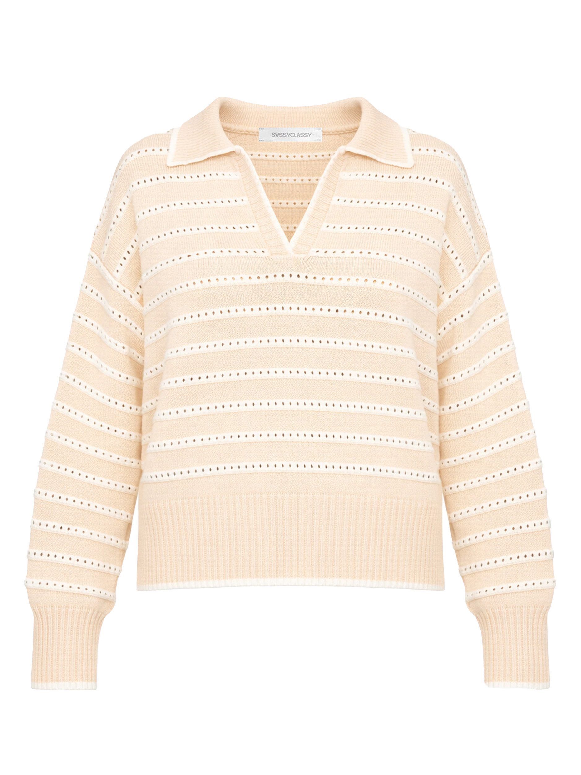 SASSYCLASSY Strickpullover Feinstrickpullover mit Polokragen für Damen Pullover mit Ajourstreifen und V-Ausschnitt in lockerem Schnitt