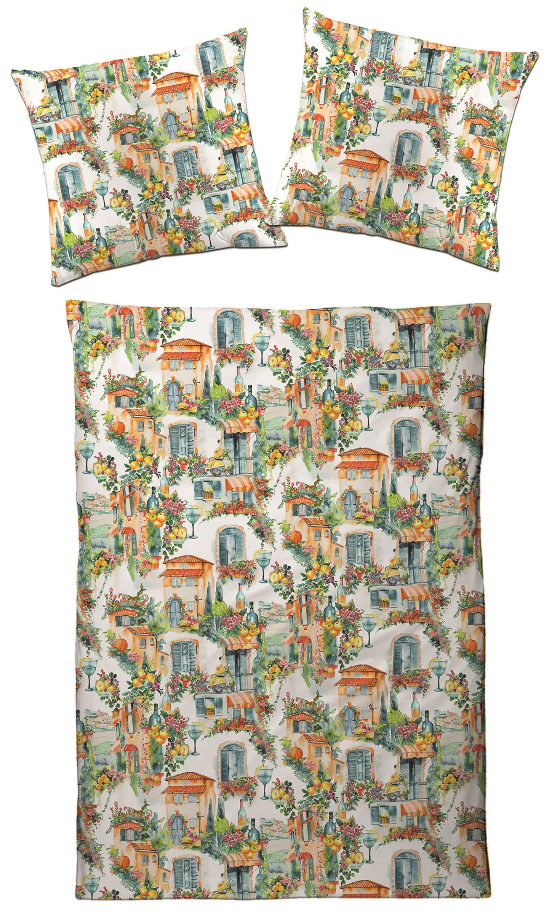 Traumschloss Bettwäsche Satin, Satin, 2 teilig, Mediterranes Motiv mit Häuserfassaden, Weinflaschen, Früchten, Blumen