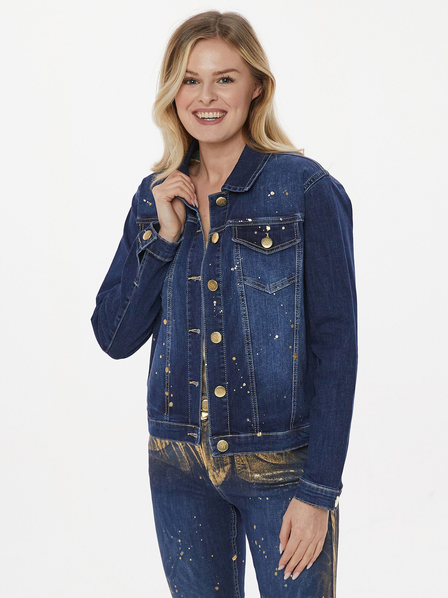 Sarah Kern Jeansjacke Denimjacke figurbetont mit allover Paintingeffekte in gold- Metallicfarben