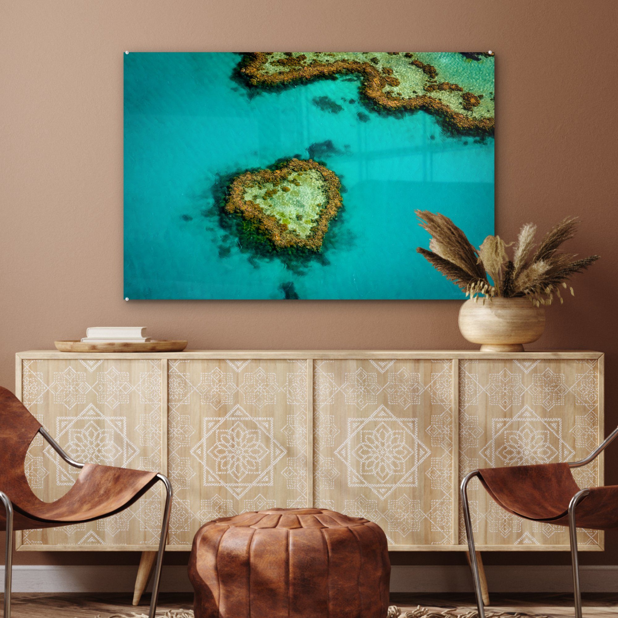 MuchoWow Acrylglasbild Great Barrier Schlafzimmer Acrylglasbilder St), Reef mit im (1 & Herzen, Insel Wohnzimmer