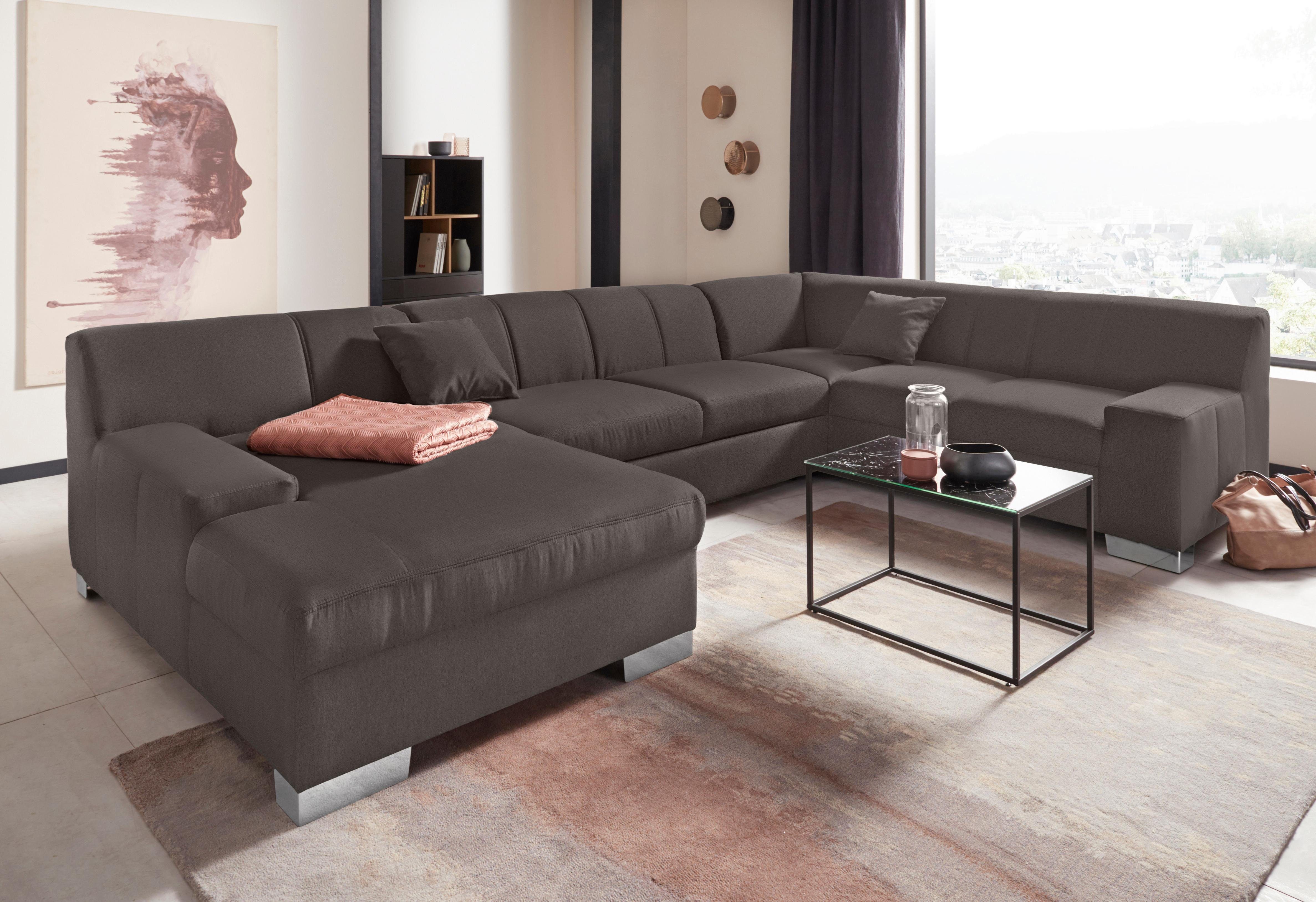 DOMO collection Wohnlandschaft Bero, elegant und zeitlos, flache Armlehnen, Breite 328cm, U-Form, fester Sitzkomfort, wahlweise mit Bettfunktion