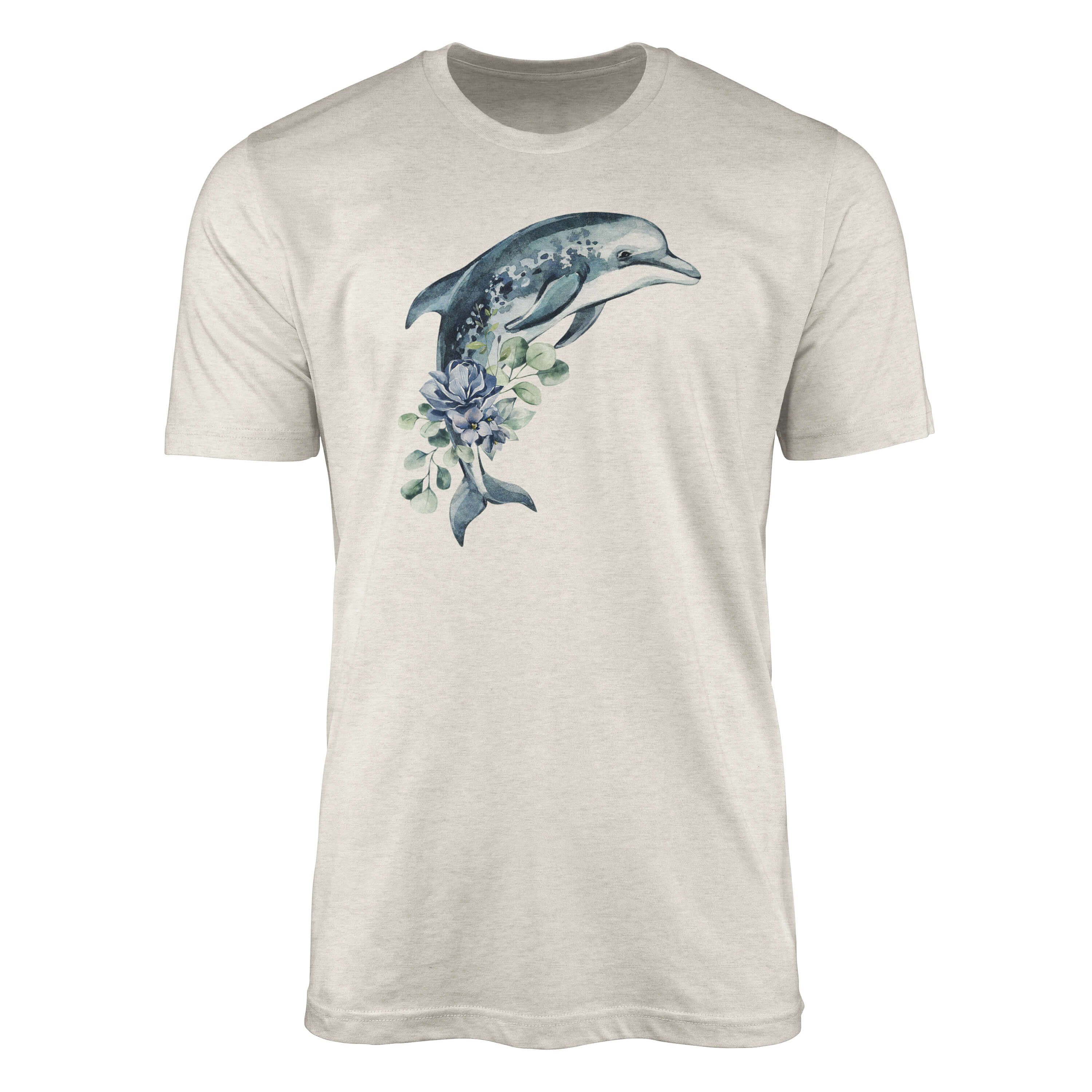 Sinus Art T-Shirt Herren Shirt 100% gekämmte Bio-Baumwolle T-Shirt Delfin Blumen Wasserfarben Motiv Nachhaltig Ökomod (1-tlg)