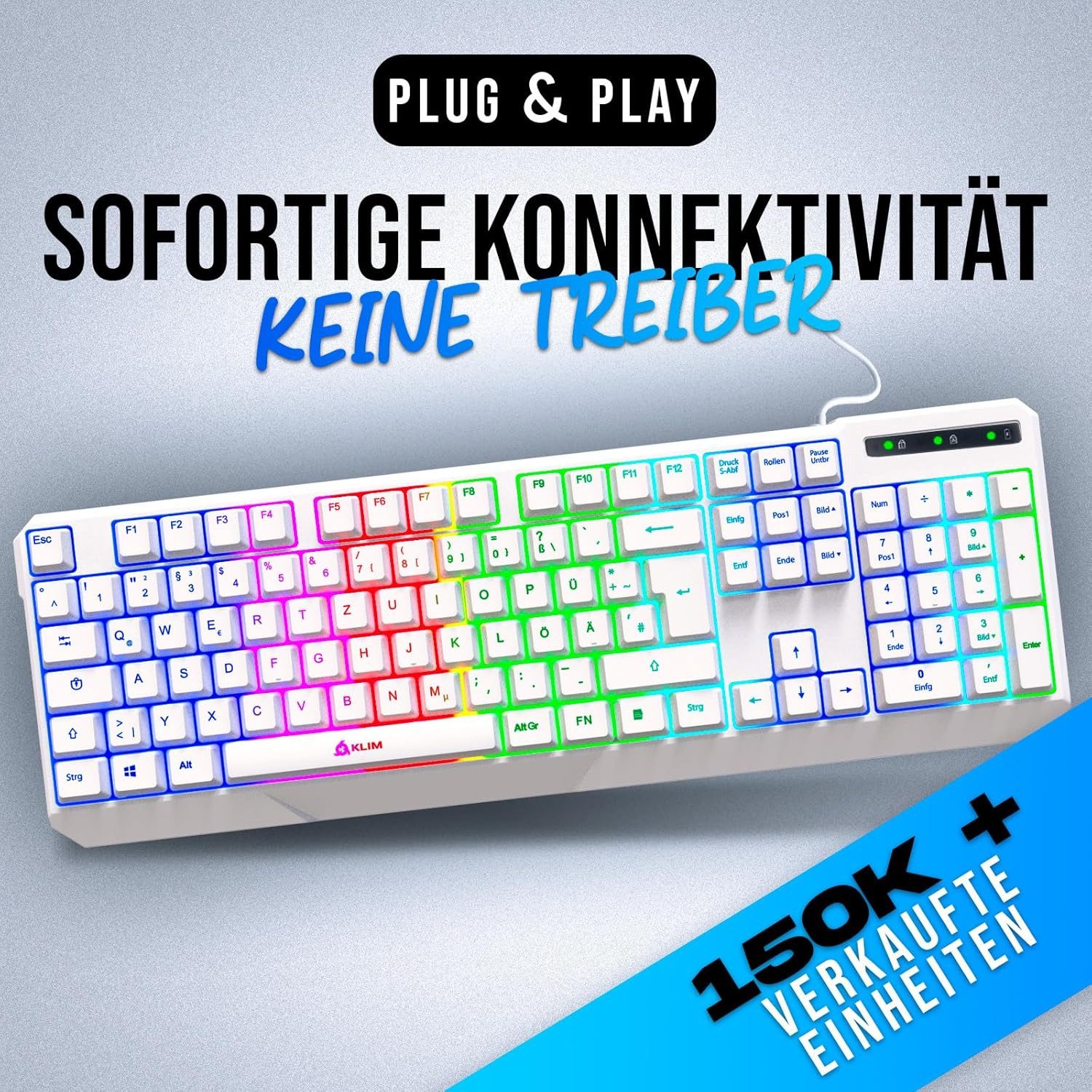 KLIM Chroma Gaming Tastatur, hintergrundbeleuchtete Tasten, Anti Ghosting Gaming-Tastatur (Deutsche Tastenbelegung, ergonomische Gaming Keyboard)