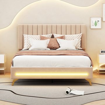 REDOM Polsterbett Doppelbett mit LED-Leuchten und Lattenrost, Samtstoff (mit verstellbarem Kopfteil 140 x 200 cm), ohne Matratze