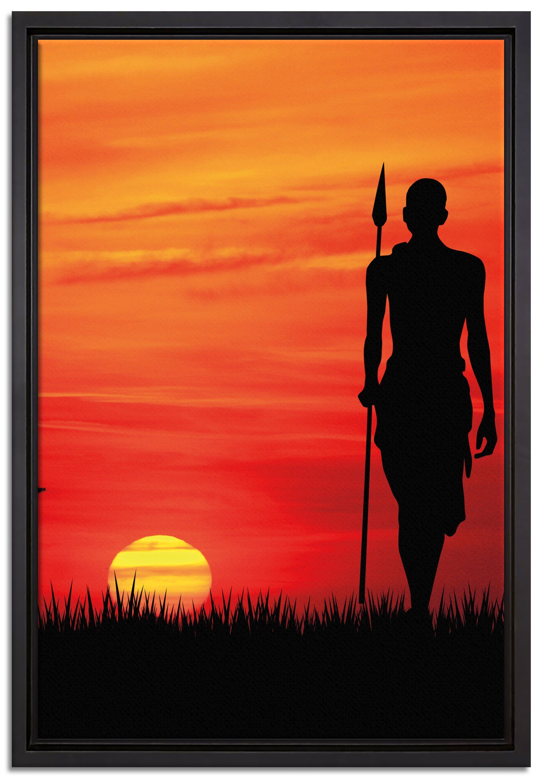 Pixxprint Leinwandbild Roter Sonnenuntergang in Afrika, Wanddekoration (1 St), Leinwandbild fertig bespannt, in einem Schattenfugen-Bilderrahmen gefasst, inkl. Zackenaufhänger