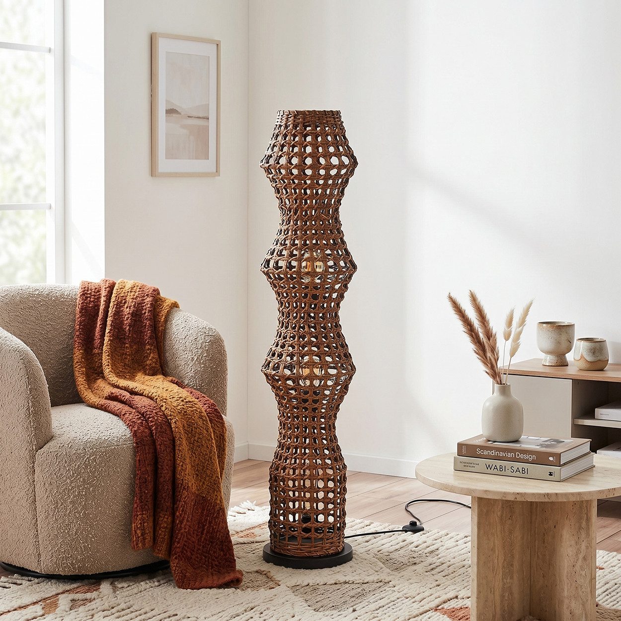 hofstein Stehlampe Stehlampe im skandinavischen Design mit Schirm aus Rattan in Braun, ohne Leuchtmittel, Stehleuchte im Boho-Style mit Lichteffekt und Fußschalter, E27, 110 cm