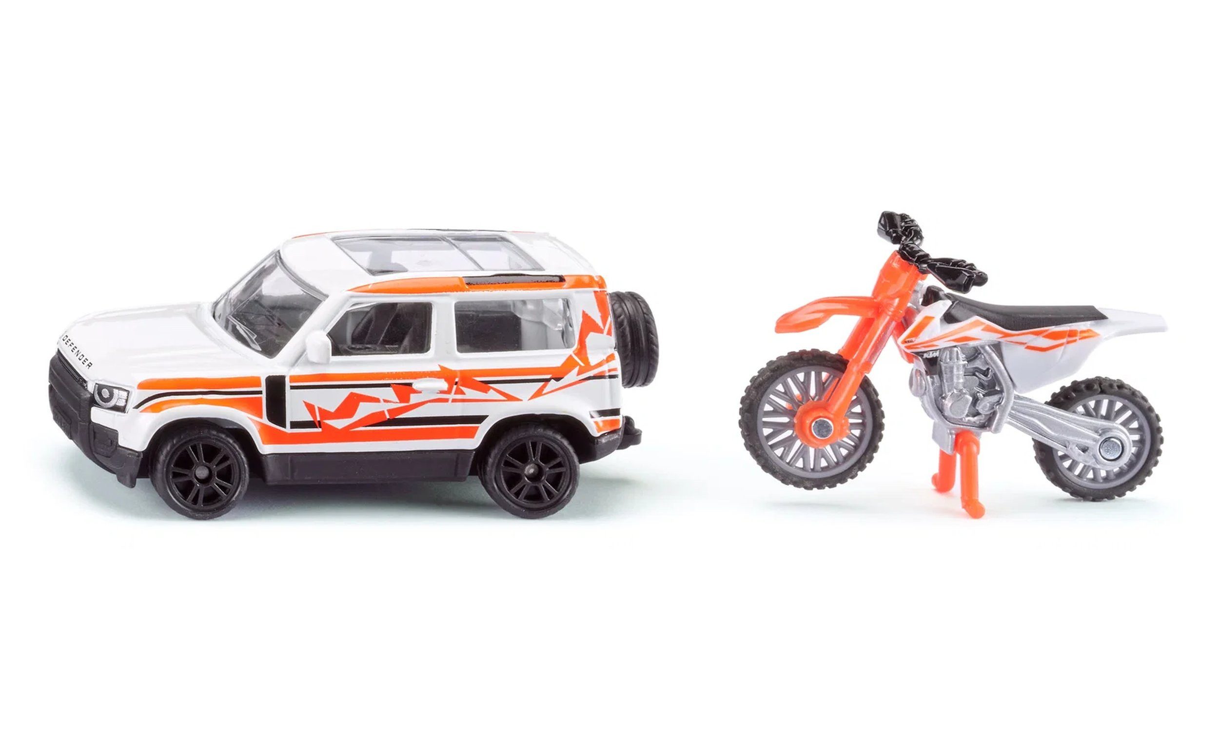 Siku Spielzeug-Auto Land Rover Defender mit KTM Motorrad Offroad Spielzeug, (2-tlg)