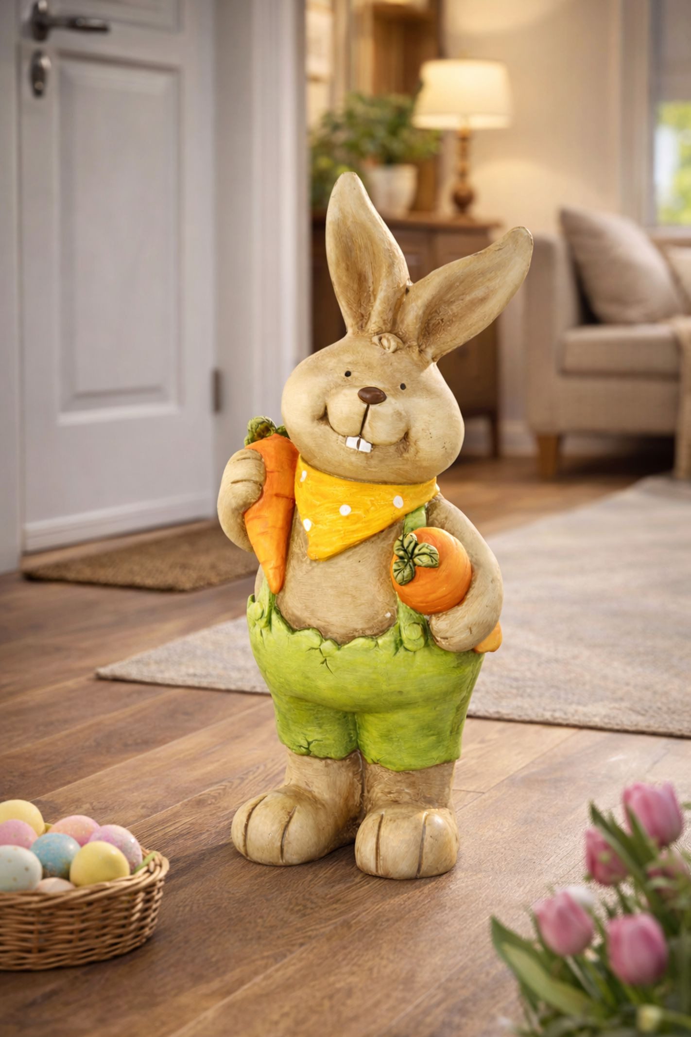 I.GE.A. Dekofigur Deko Osterhase mit Karotten (1 St), Figur 46 cm Deko Hase Osterdeko Hasenfigur Frühling Ostern Ostereier