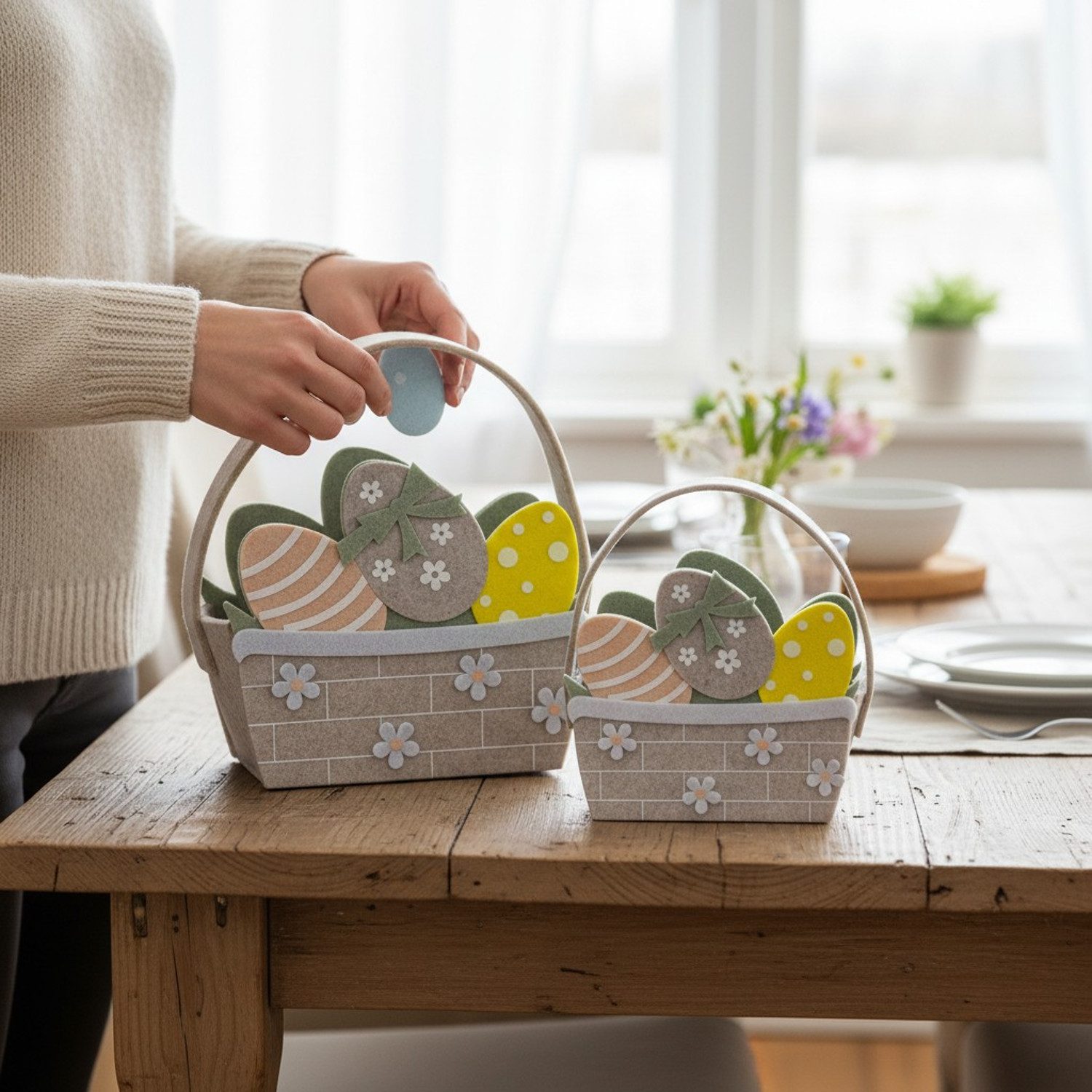 Macosa Home Osternest Oster Geschenkkorb 2er Set Osterreier Filz, Beige bunt Osterkorb