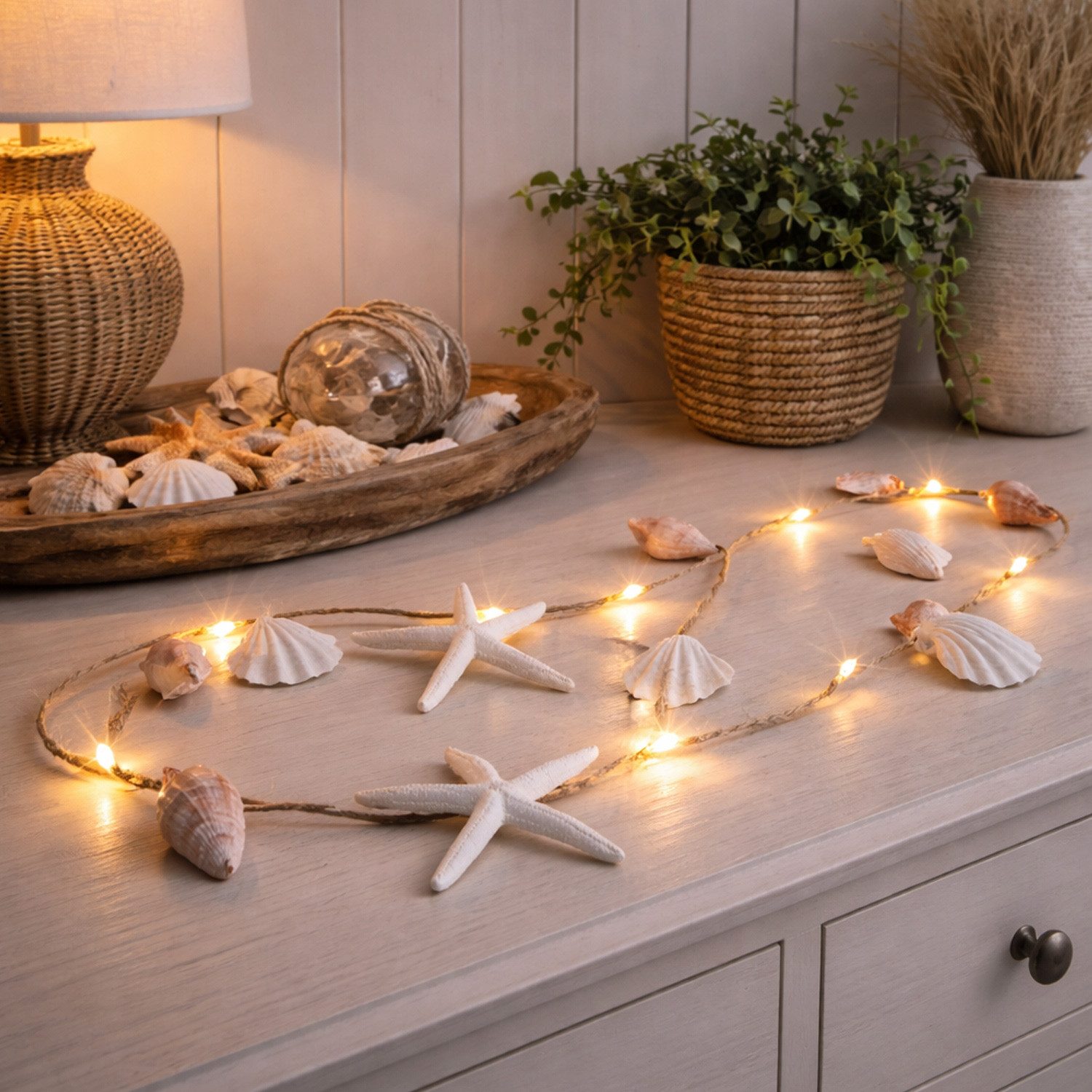 MARELIDA LED-Lichterkette Muscheln und Seesterne maritime Deko 90cm Timer Muschellichterkette, 10-flammig