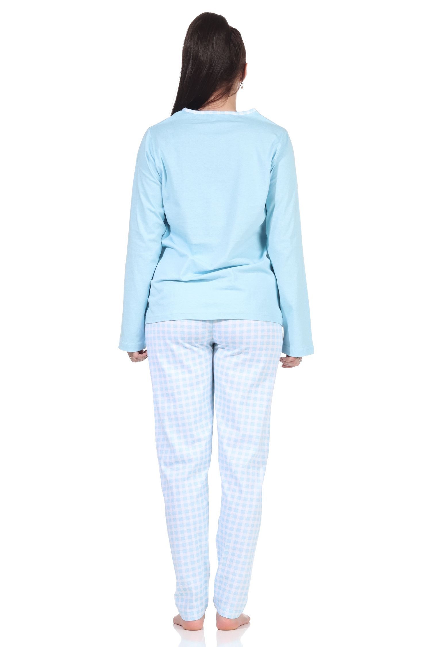 RELAX by Normann Pyjama Damen langarm Schlafanzug süsses Katzen Motiv, Karo Jersey Hose – Bild 3 von 4