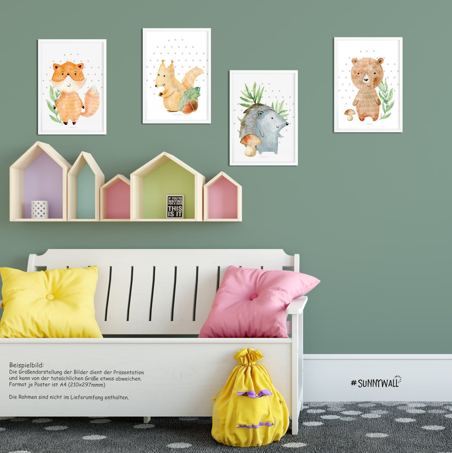 Sunnywall Poster Poster Kinderzimmer Fuchs Igel Bär Waldtiere Woodland (4er Set), Fuchs, Igel Bär (Woodland-Waldtiere) (Set, 4 St), ungerahmt