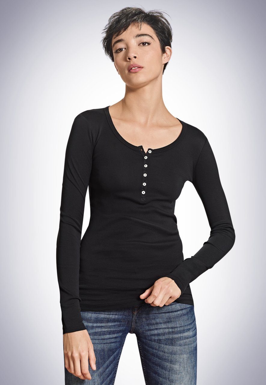 Shirt REVIVAL Button SCHIESSER Unterhemd Black Berta Long Perlmuttknöpfe