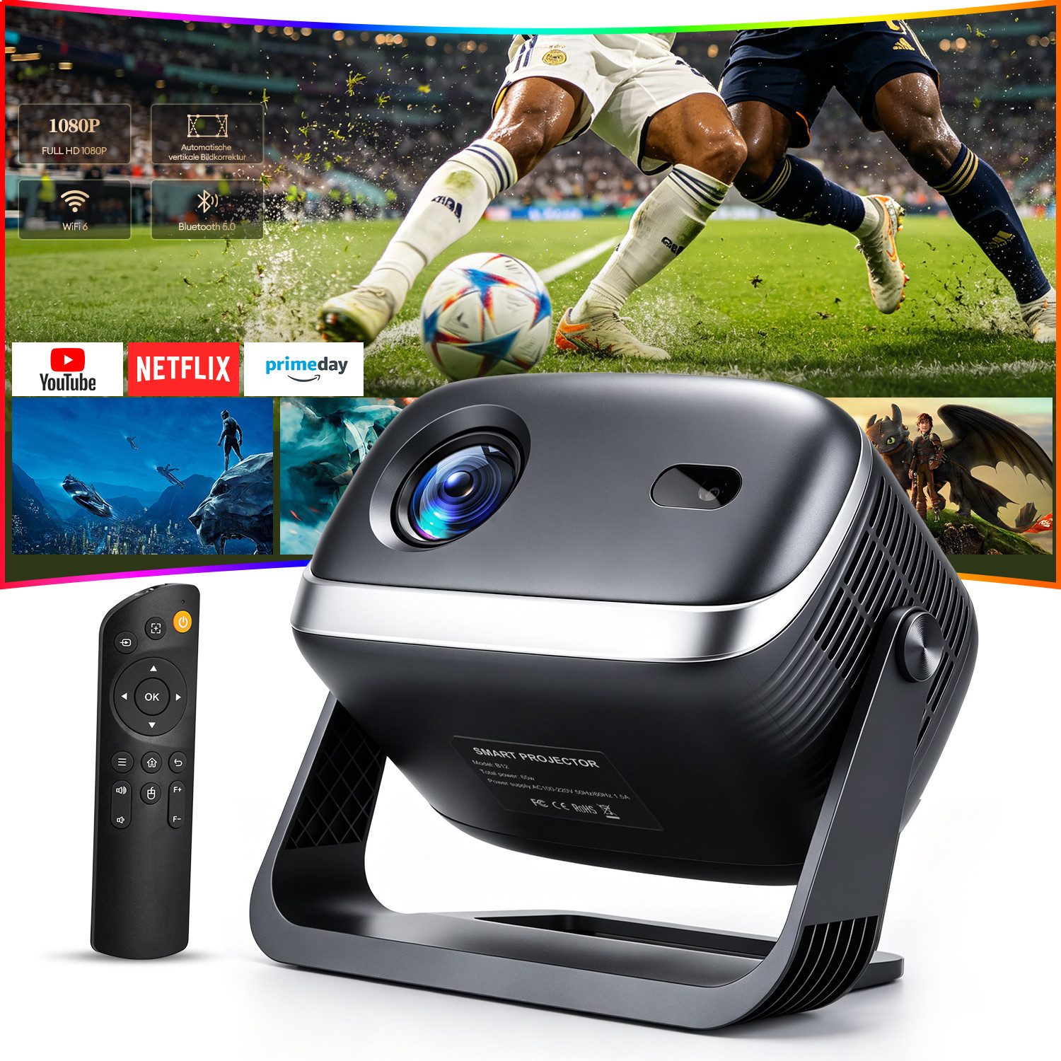 CkeyiN Pro 4K Beamer,Projector mit Netflix&Youtube,Beamer 1080P,WIFI 6 LCD-Beamer (12000 lm, 1.2:1, 1280*720 px,Bluetooth 5.0,Automatische Trapezkorrektur&Hindernisvermeidung)