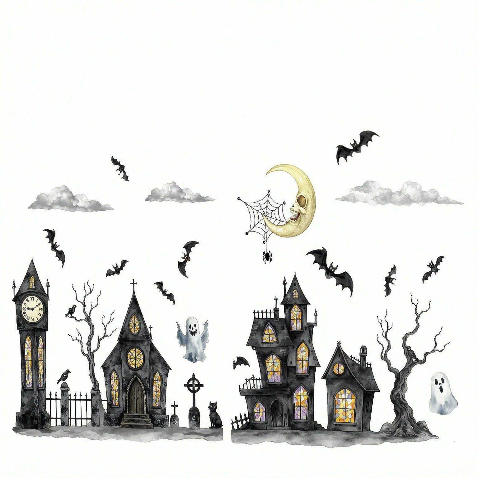 Sorvyzxn Fensterbild 2 Stück Halloween Town mit Geisterhäusern & Geistermond Muster