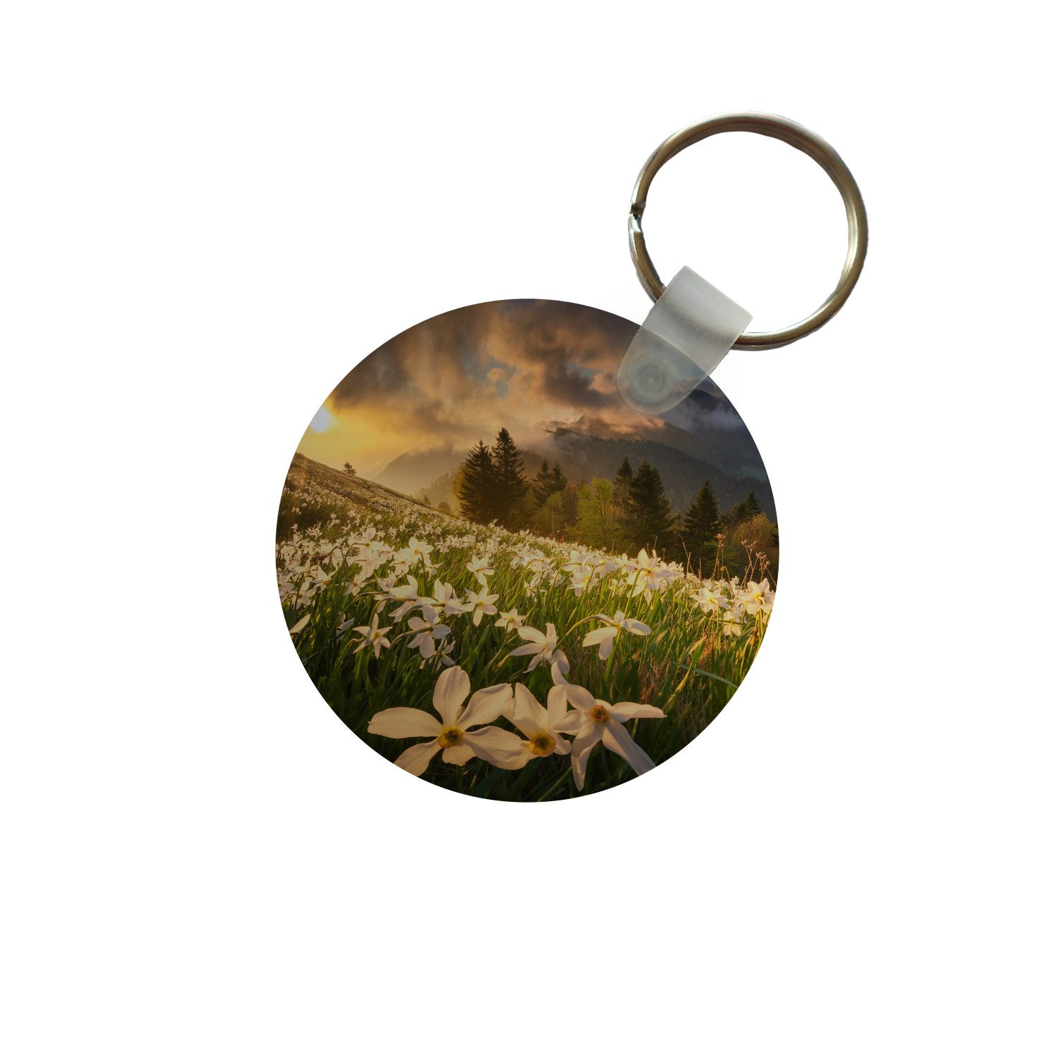 MuchoWow Schlüsselanhänger Blumenfeld - Hügel - Sonnenuntergang - Berg - Natur - Weiß - Hügel, Rund, Geschenk für Damen / Herren / Kinder mit Schlüsselring, 5x5 cm