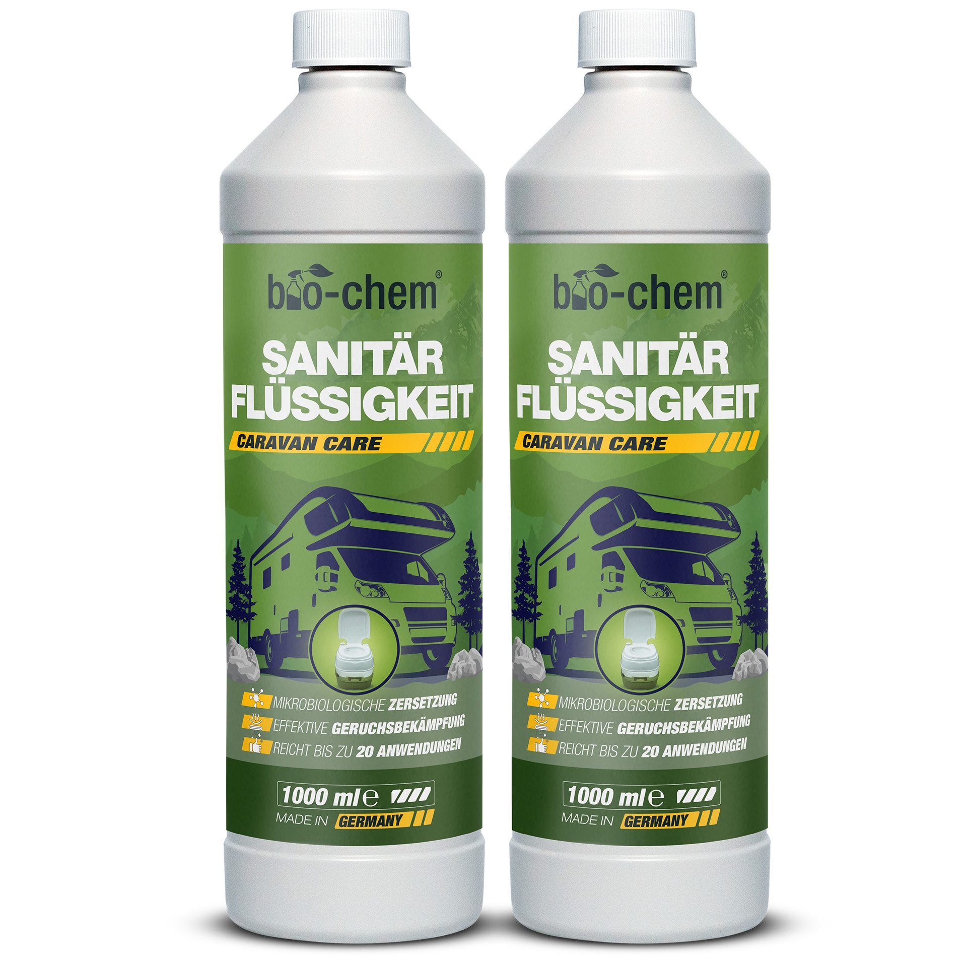 bio-chem bio-chem Sanitärflüssigkeit 1L – Mikrobiologischer Toilettenzusatz Campingtoilettenreiniger (Sanitärflüssigkeit 2x 1 L + Dosierbecher)