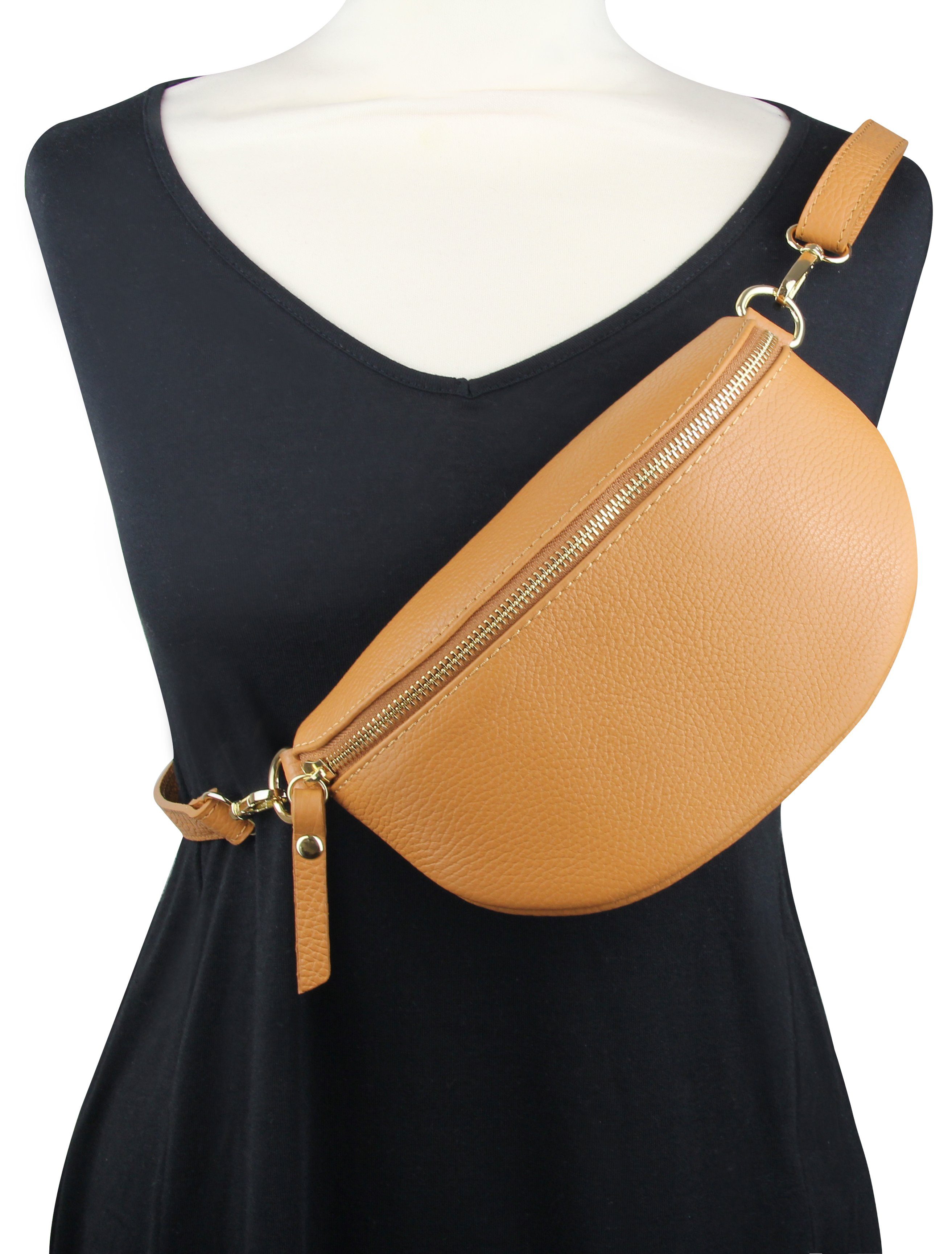 Frentree Umhängetasche Damen aus Echtleder, Made in Italy, Crossbody Schulter/Bauchtasche, mit goldenem Reißverschluss, verstellbarer Schulterriemen, Größe Mini