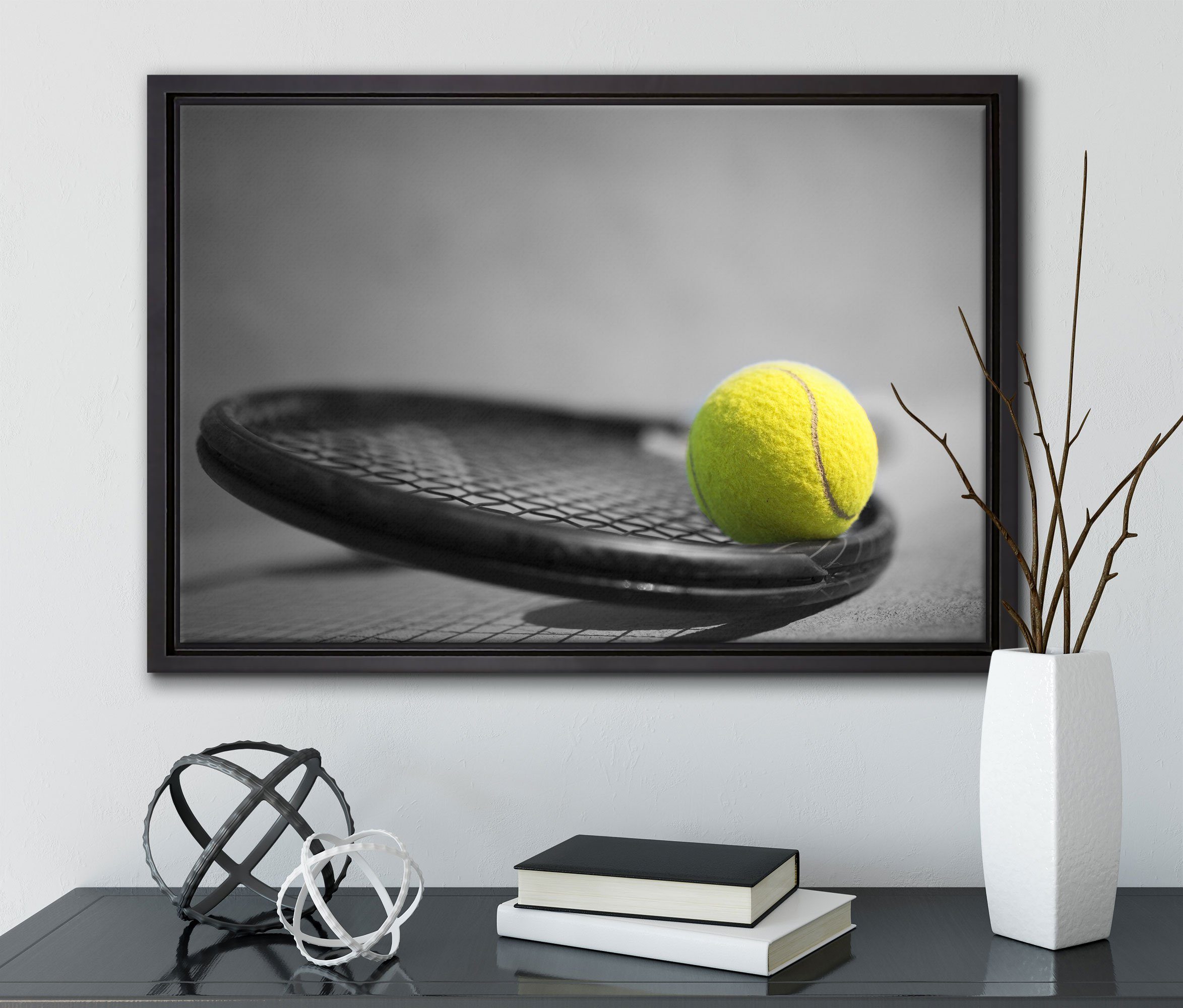 Tennisball Schläger, bespannt, Schattenfugen-Bilderrahmen Pixxprint inkl. St), Leinwandbild (1 gefasst, Leinwandbild Wanddekoration in einem fertig Zackenaufhänger